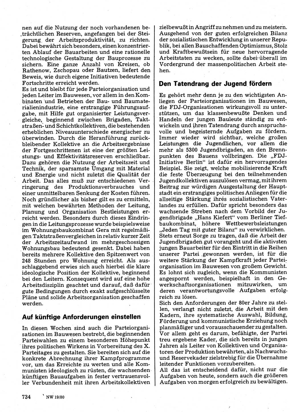 Neuer Weg (NW), Organ des Zentralkomitees (ZK) der SED (Sozialistische Einheitspartei Deutschlands) für Fragen des Parteilebens, 35. Jahrgang [Deutsche Demokratische Republik (DDR)] 1980, Seite 734 (NW ZK SED DDR 1980, S. 734)