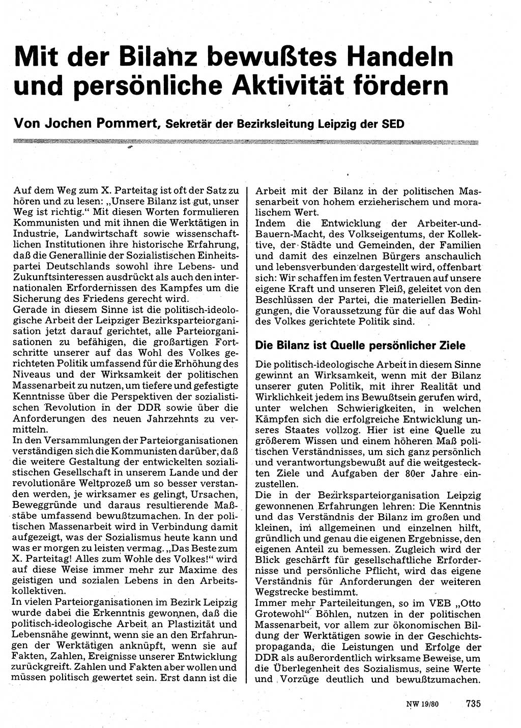 Neuer Weg (NW), Organ des Zentralkomitees (ZK) der SED (Sozialistische Einheitspartei Deutschlands) für Fragen des Parteilebens, 35. Jahrgang [Deutsche Demokratische Republik (DDR)] 1980, Seite 735 (NW ZK SED DDR 1980, S. 735)
