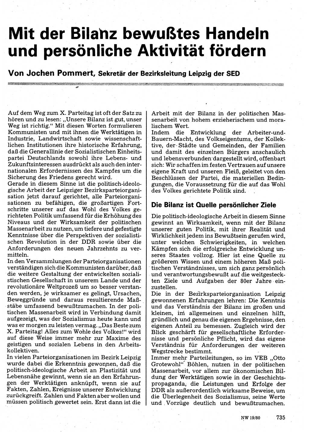 Neuer Weg (NW), Organ des Zentralkomitees (ZK) der SED (Sozialistische Einheitspartei Deutschlands) für Fragen des Parteilebens, 35. Jahrgang [Deutsche Demokratische Republik (DDR)] 1980, Seite 735 (NW ZK SED DDR 1980, S. 735)