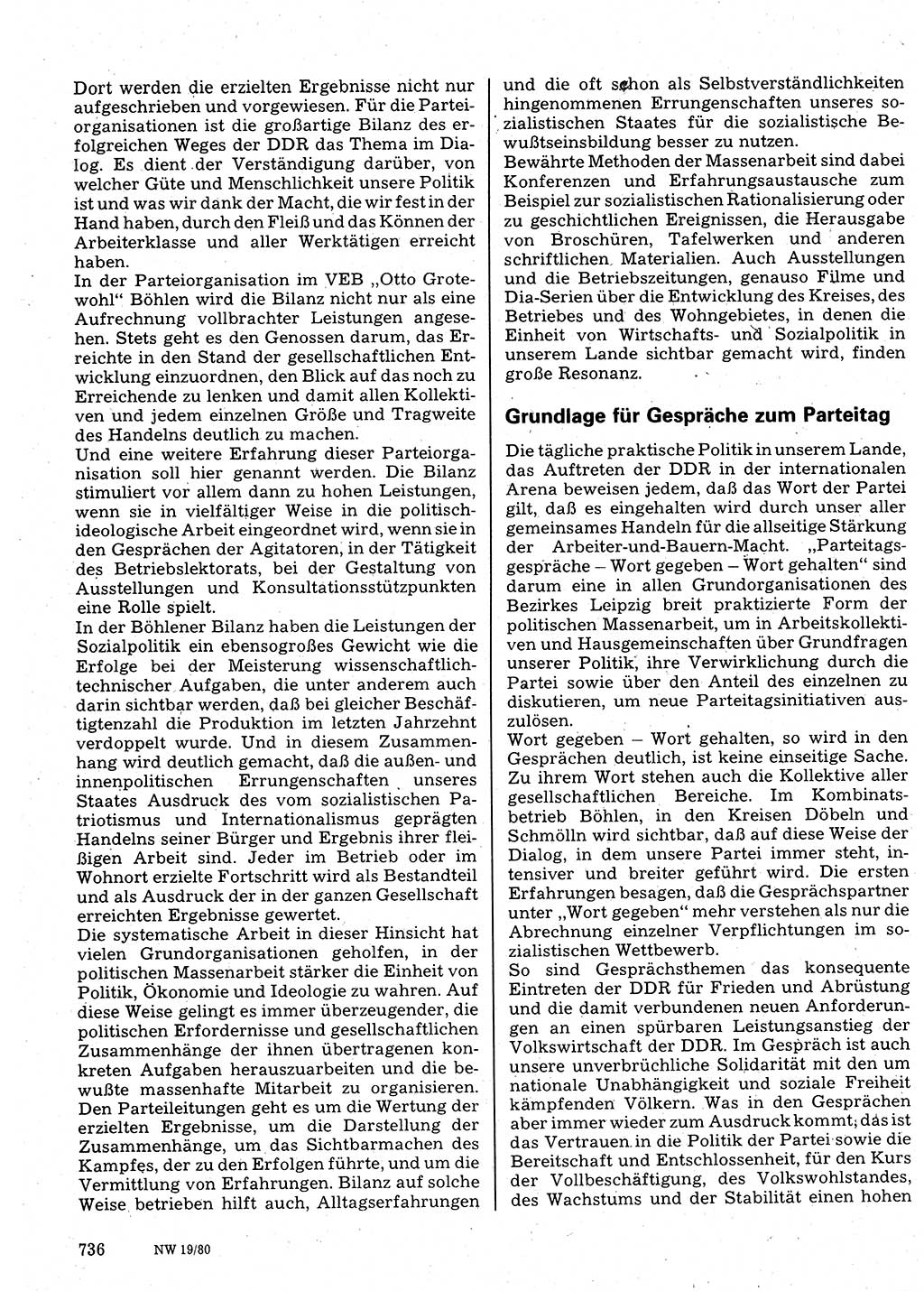 Neuer Weg (NW), Organ des Zentralkomitees (ZK) der SED (Sozialistische Einheitspartei Deutschlands) für Fragen des Parteilebens, 35. Jahrgang [Deutsche Demokratische Republik (DDR)] 1980, Seite 736 (NW ZK SED DDR 1980, S. 736)