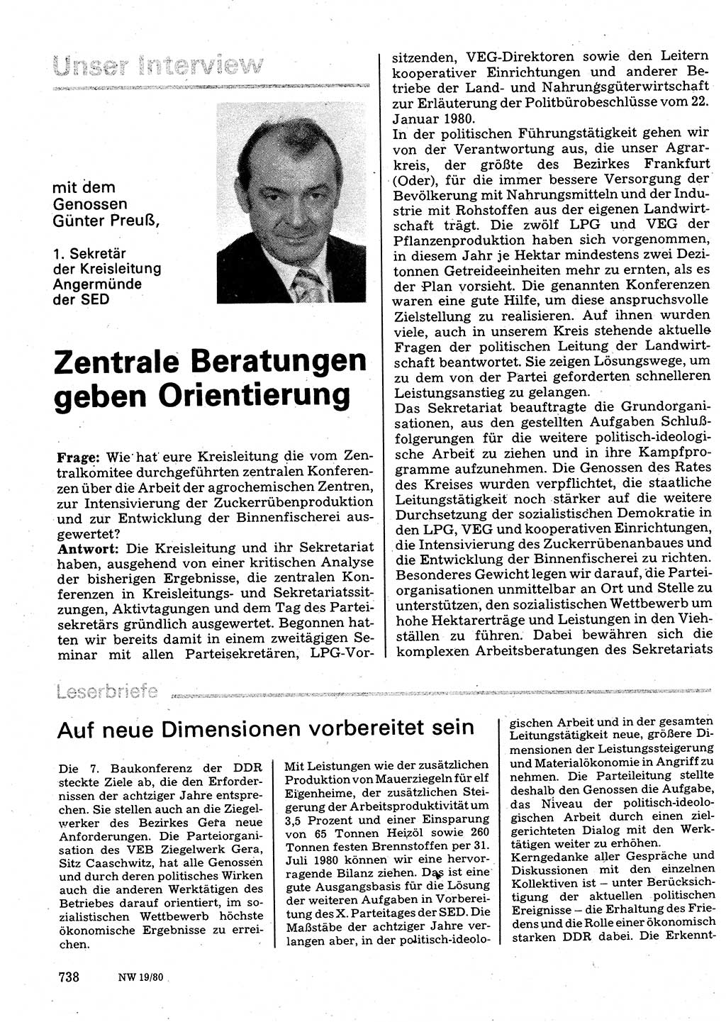 Neuer Weg (NW), Organ des Zentralkomitees (ZK) der SED (Sozialistische Einheitspartei Deutschlands) für Fragen des Parteilebens, 35. Jahrgang [Deutsche Demokratische Republik (DDR)] 1980, Seite 738 (NW ZK SED DDR 1980, S. 738)