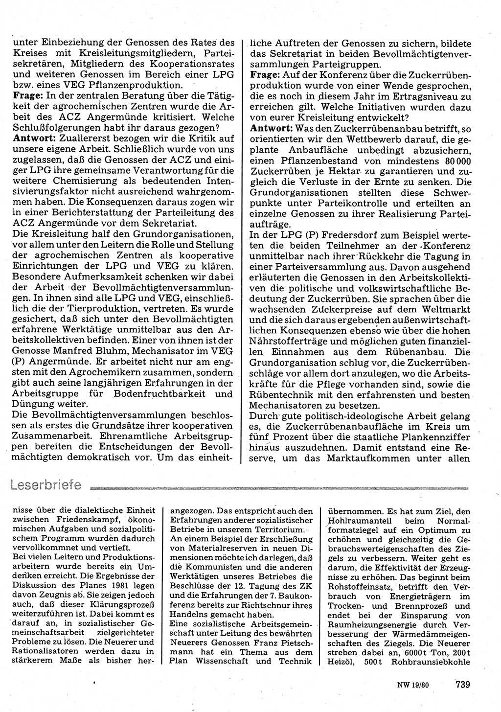 Neuer Weg (NW), Organ des Zentralkomitees (ZK) der SED (Sozialistische Einheitspartei Deutschlands) für Fragen des Parteilebens, 35. Jahrgang [Deutsche Demokratische Republik (DDR)] 1980, Seite 739 (NW ZK SED DDR 1980, S. 739)