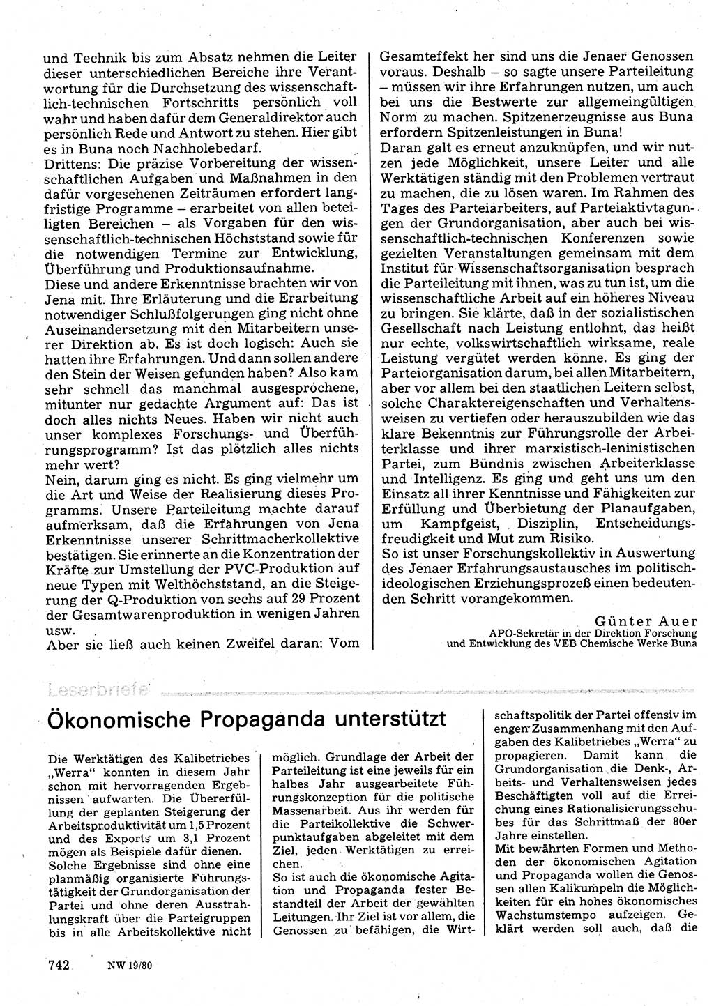 Neuer Weg (NW), Organ des Zentralkomitees (ZK) der SED (Sozialistische Einheitspartei Deutschlands) für Fragen des Parteilebens, 35. Jahrgang [Deutsche Demokratische Republik (DDR)] 1980, Seite 742 (NW ZK SED DDR 1980, S. 742)