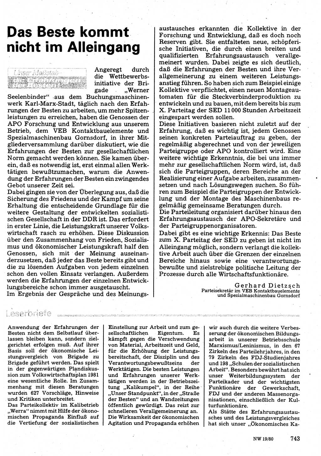 Neuer Weg (NW), Organ des Zentralkomitees (ZK) der SED (Sozialistische Einheitspartei Deutschlands) für Fragen des Parteilebens, 35. Jahrgang [Deutsche Demokratische Republik (DDR)] 1980, Seite 743 (NW ZK SED DDR 1980, S. 743)