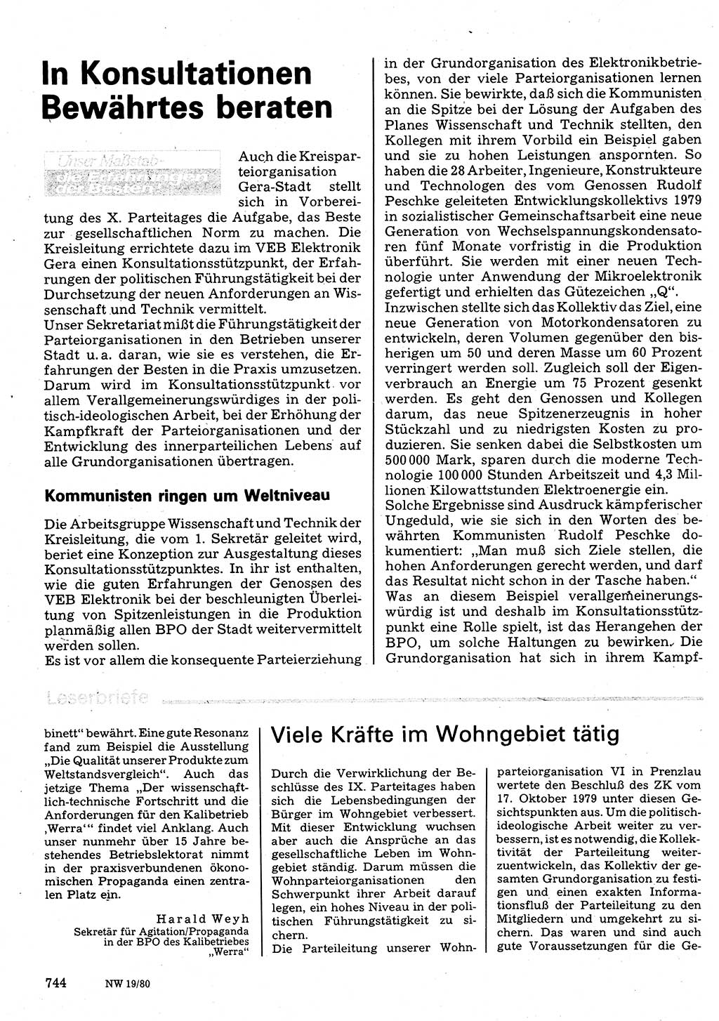Neuer Weg (NW), Organ des Zentralkomitees (ZK) der SED (Sozialistische Einheitspartei Deutschlands) für Fragen des Parteilebens, 35. Jahrgang [Deutsche Demokratische Republik (DDR)] 1980, Seite 744 (NW ZK SED DDR 1980, S. 744)