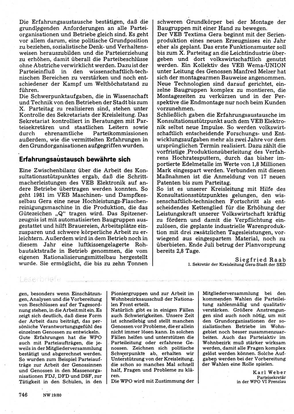 Neuer Weg (NW), Organ des Zentralkomitees (ZK) der SED (Sozialistische Einheitspartei Deutschlands) für Fragen des Parteilebens, 35. Jahrgang [Deutsche Demokratische Republik (DDR)] 1980, Seite 746 (NW ZK SED DDR 1980, S. 746)