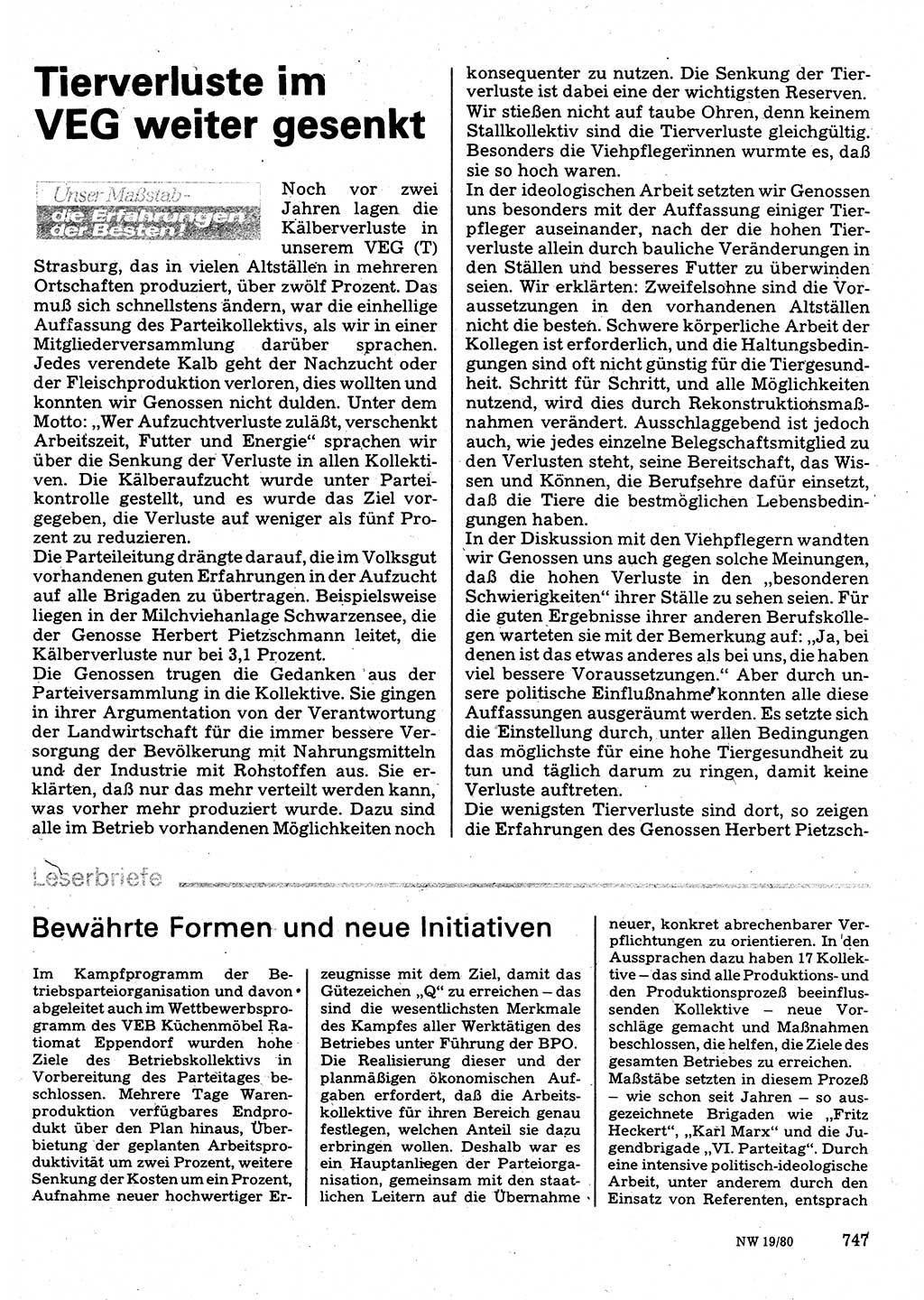 Neuer Weg (NW), Organ des Zentralkomitees (ZK) der SED (Sozialistische Einheitspartei Deutschlands) für Fragen des Parteilebens, 35. Jahrgang [Deutsche Demokratische Republik (DDR)] 1980, Seite 747 (NW ZK SED DDR 1980, S. 747)