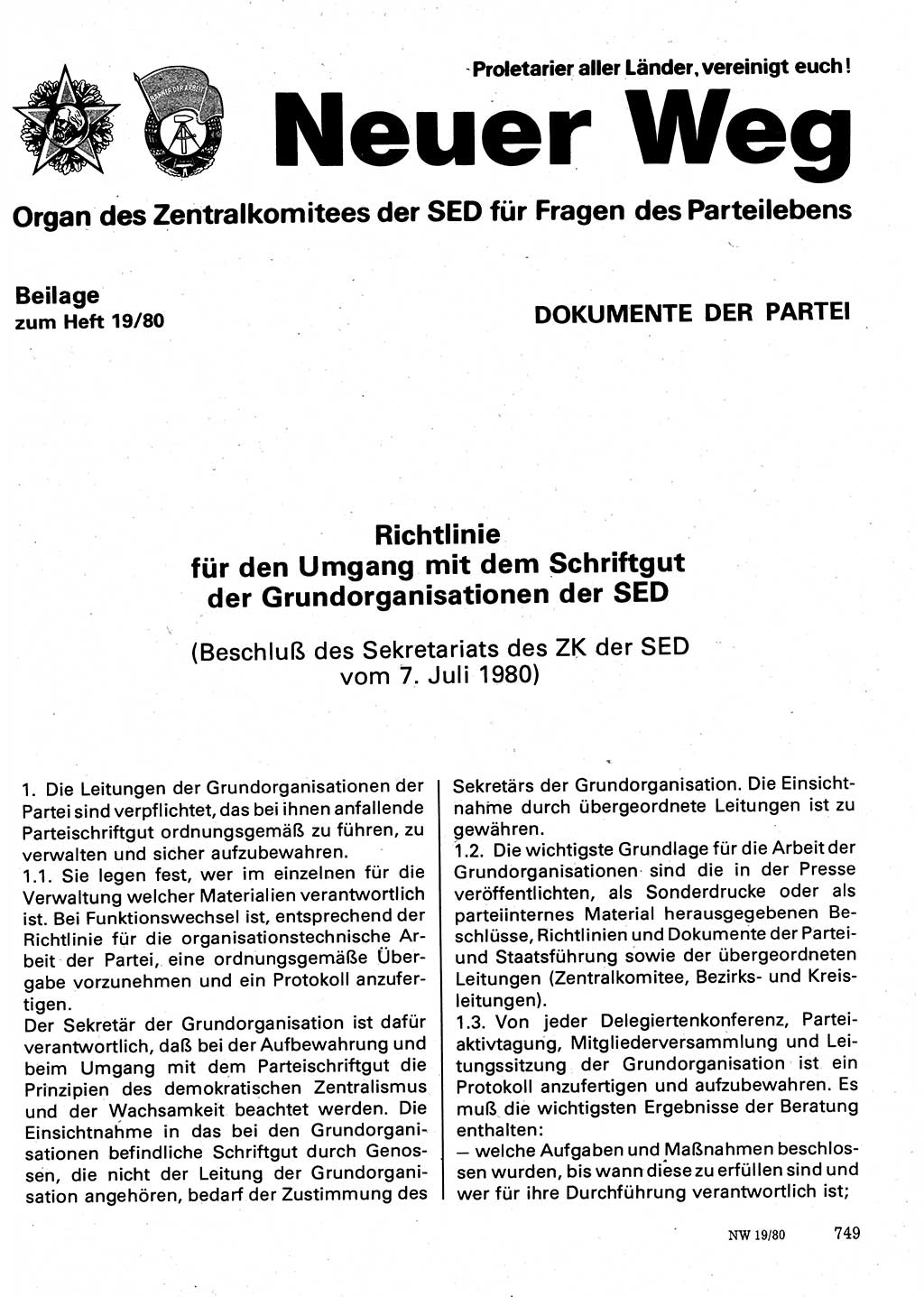 Neuer Weg (NW), Organ des Zentralkomitees (ZK) der SED (Sozialistische Einheitspartei Deutschlands) für Fragen des Parteilebens, 35. Jahrgang [Deutsche Demokratische Republik (DDR)] 1980, Seite 749 (NW ZK SED DDR 1980, S. 749)