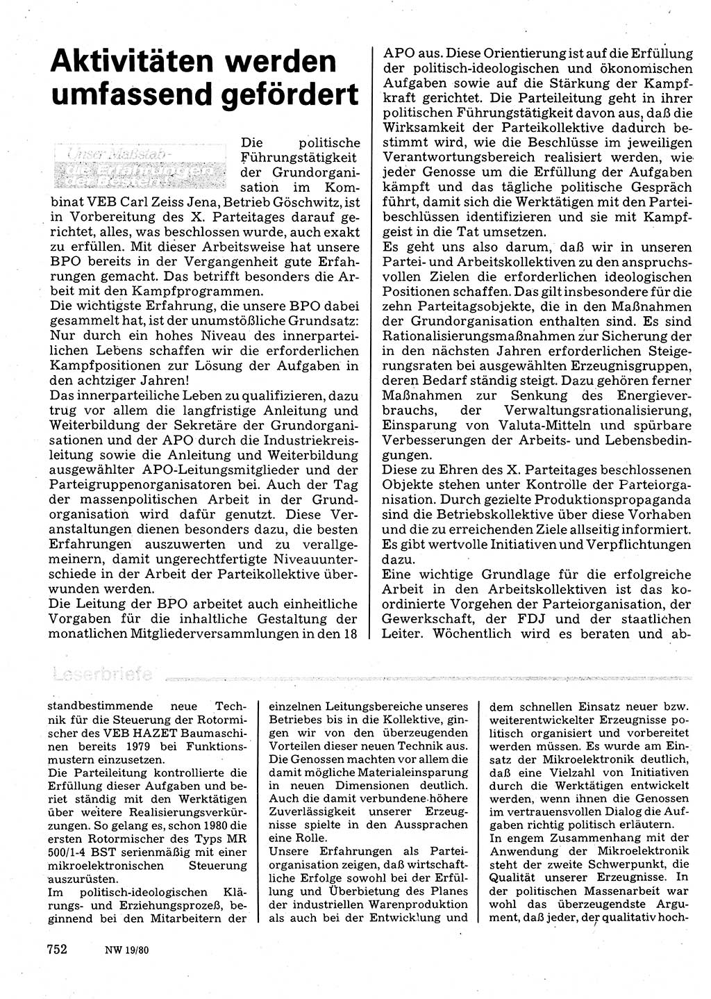 Neuer Weg (NW), Organ des Zentralkomitees (ZK) der SED (Sozialistische Einheitspartei Deutschlands) für Fragen des Parteilebens, 35. Jahrgang [Deutsche Demokratische Republik (DDR)] 1980, Seite 752 (NW ZK SED DDR 1980, S. 752)