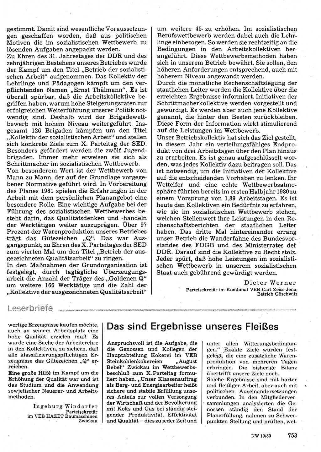 Neuer Weg (NW), Organ des Zentralkomitees (ZK) der SED (Sozialistische Einheitspartei Deutschlands) für Fragen des Parteilebens, 35. Jahrgang [Deutsche Demokratische Republik (DDR)] 1980, Seite 753 (NW ZK SED DDR 1980, S. 753)