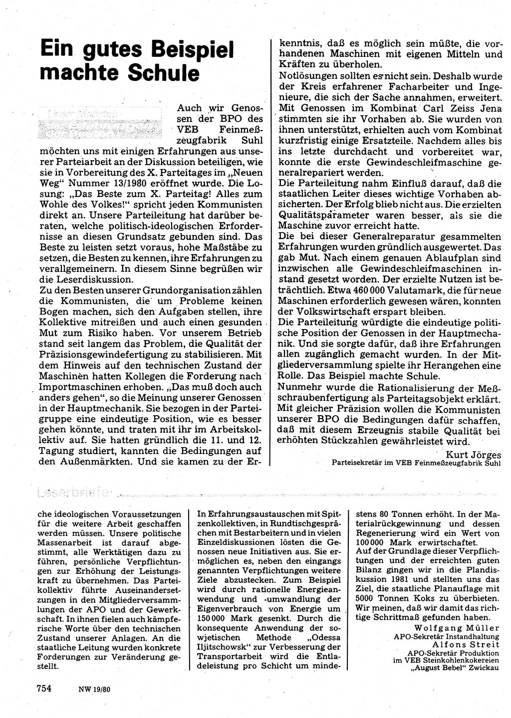 Neuer Weg (NW), Organ des Zentralkomitees (ZK) der SED (Sozialistische Einheitspartei Deutschlands) für Fragen des Parteilebens, 35. Jahrgang [Deutsche Demokratische Republik (DDR)] 1980, Seite 754 (NW ZK SED DDR 1980, S. 754)