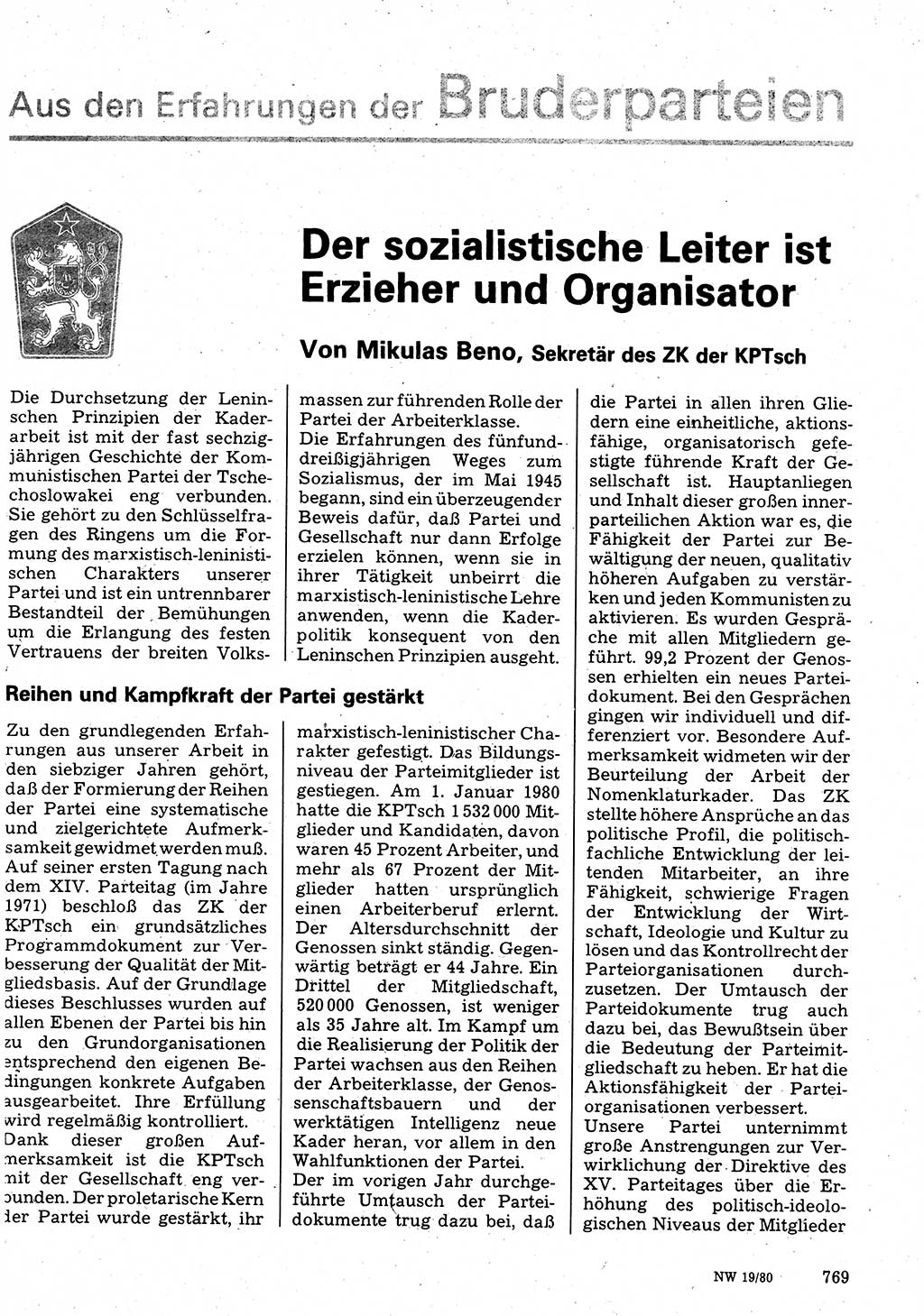 Neuer Weg (NW), Organ des Zentralkomitees (ZK) der SED (Sozialistische Einheitspartei Deutschlands) für Fragen des Parteilebens, 35. Jahrgang [Deutsche Demokratische Republik (DDR)] 1980, Seite 769 (NW ZK SED DDR 1980, S. 769)