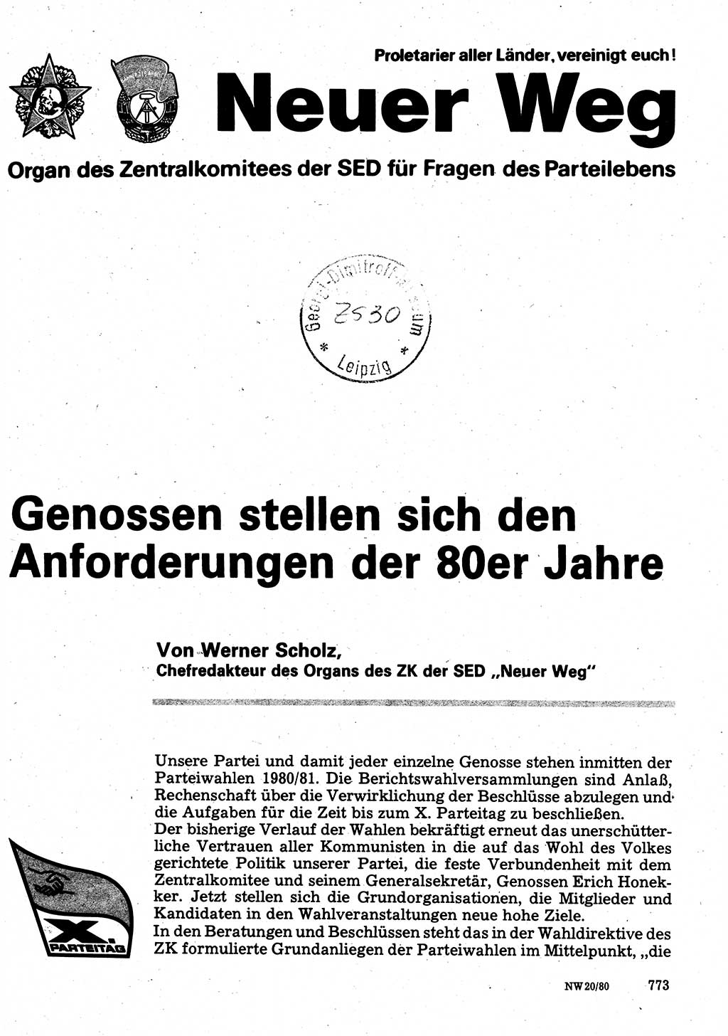 Neuer Weg (NW), Organ des Zentralkomitees (ZK) der SED (Sozialistische Einheitspartei Deutschlands) für Fragen des Parteilebens, 35. Jahrgang [Deutsche Demokratische Republik (DDR)] 1980, Seite 773 (NW ZK SED DDR 1980, S. 773)