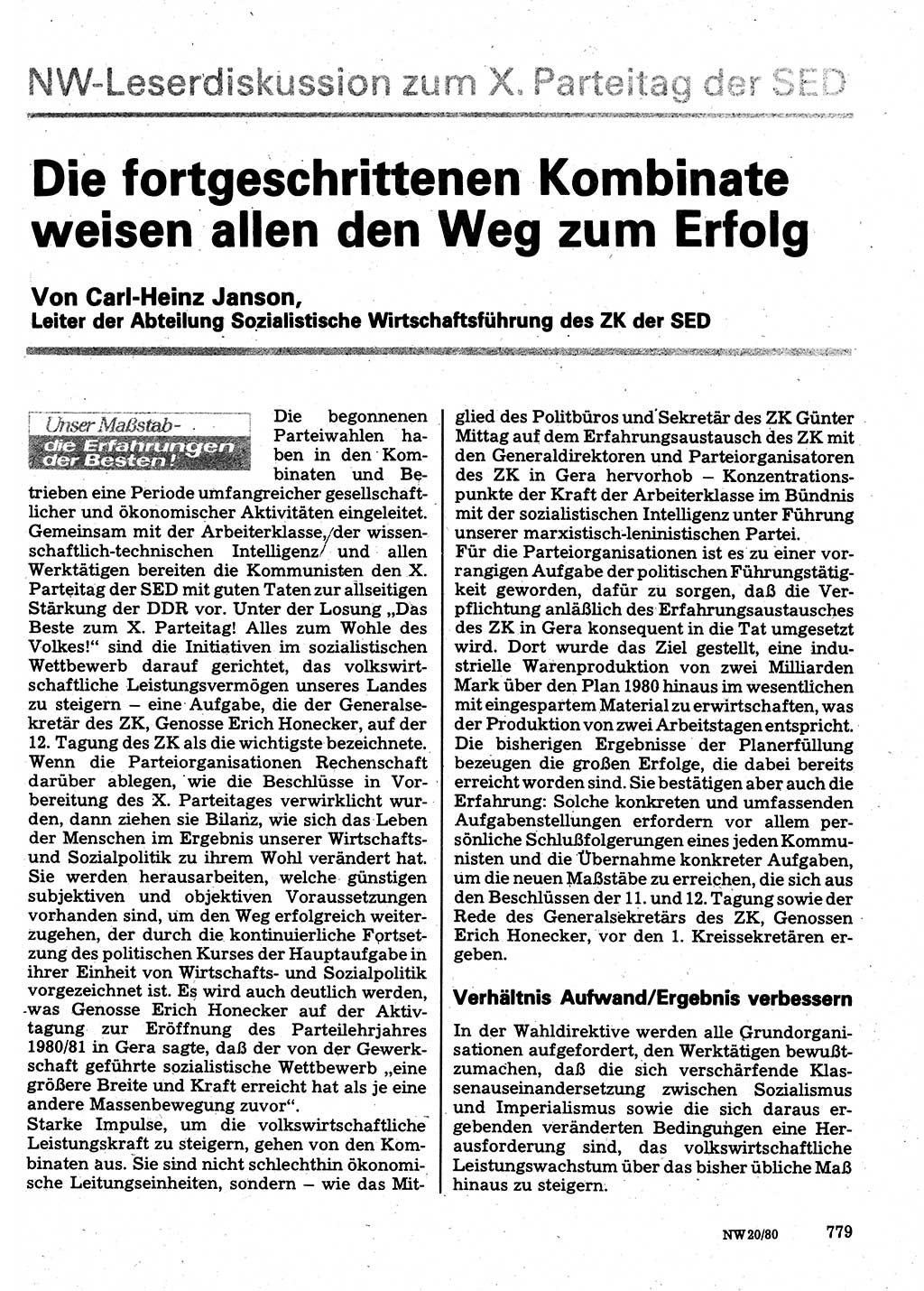 Neuer Weg (NW), Organ des Zentralkomitees (ZK) der SED (Sozialistische Einheitspartei Deutschlands) für Fragen des Parteilebens, 35. Jahrgang [Deutsche Demokratische Republik (DDR)] 1980, Seite 779 (NW ZK SED DDR 1980, S. 779)