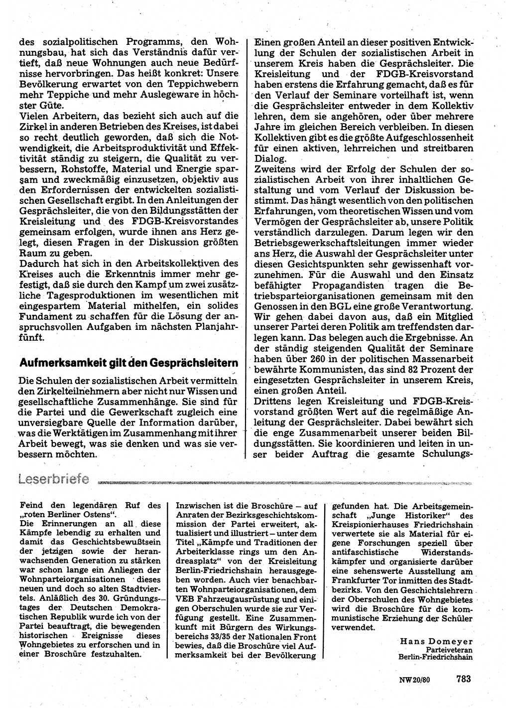 Neuer Weg (NW), Organ des Zentralkomitees (ZK) der SED (Sozialistische Einheitspartei Deutschlands) für Fragen des Parteilebens, 35. Jahrgang [Deutsche Demokratische Republik (DDR)] 1980, Seite 783 (NW ZK SED DDR 1980, S. 783)