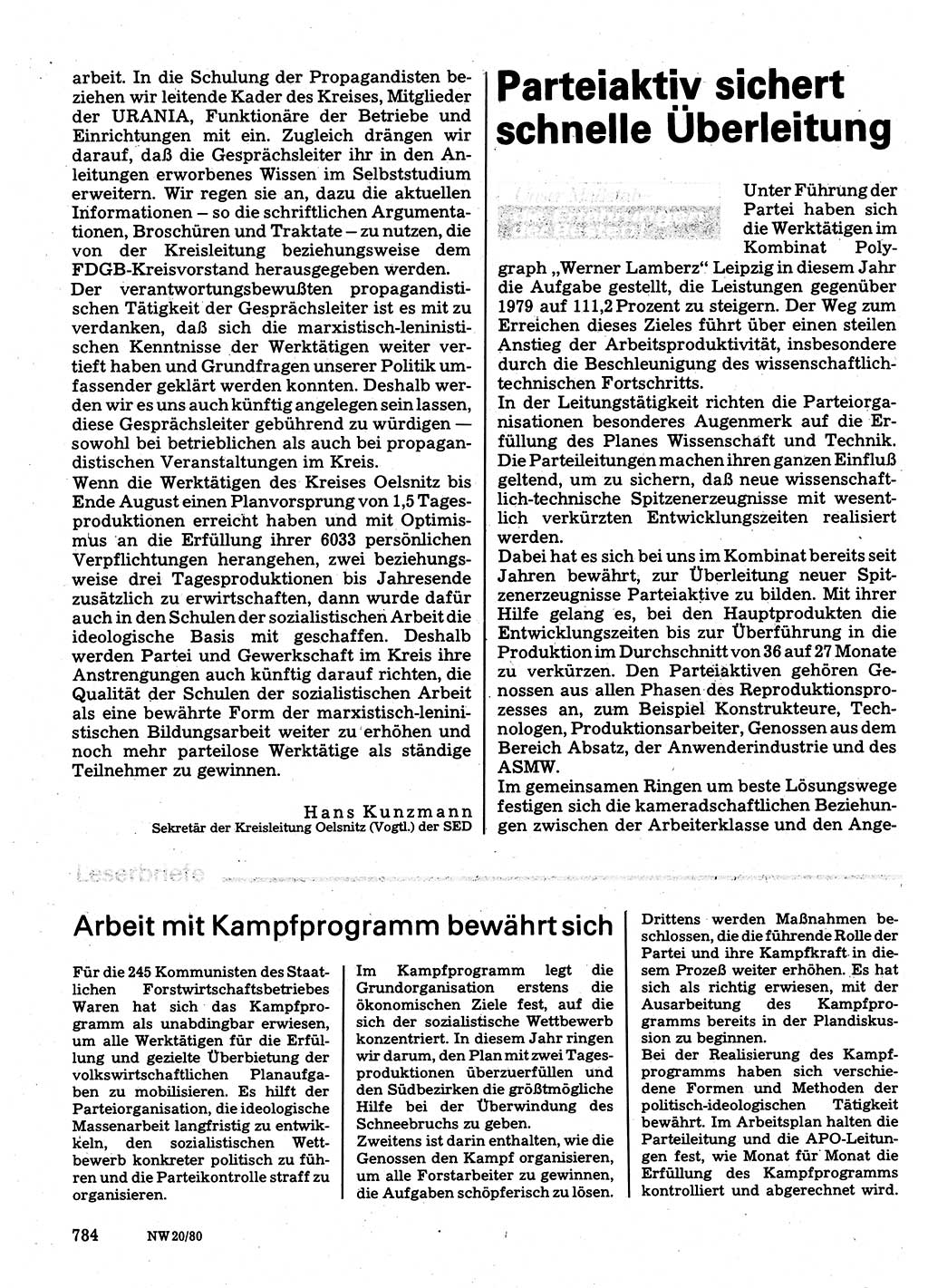 Neuer Weg (NW), Organ des Zentralkomitees (ZK) der SED (Sozialistische Einheitspartei Deutschlands) für Fragen des Parteilebens, 35. Jahrgang [Deutsche Demokratische Republik (DDR)] 1980, Seite 784 (NW ZK SED DDR 1980, S. 784)