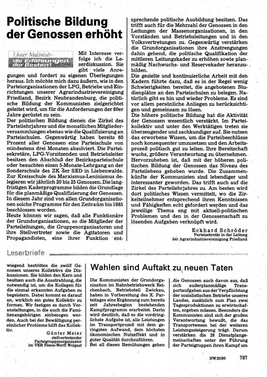 Neuer Weg (NW), Organ des Zentralkomitees (ZK) der SED (Sozialistische Einheitspartei Deutschlands) für Fragen des Parteilebens, 35. Jahrgang [Deutsche Demokratische Republik (DDR)] 1980, Seite 787 (NW ZK SED DDR 1980, S. 787)