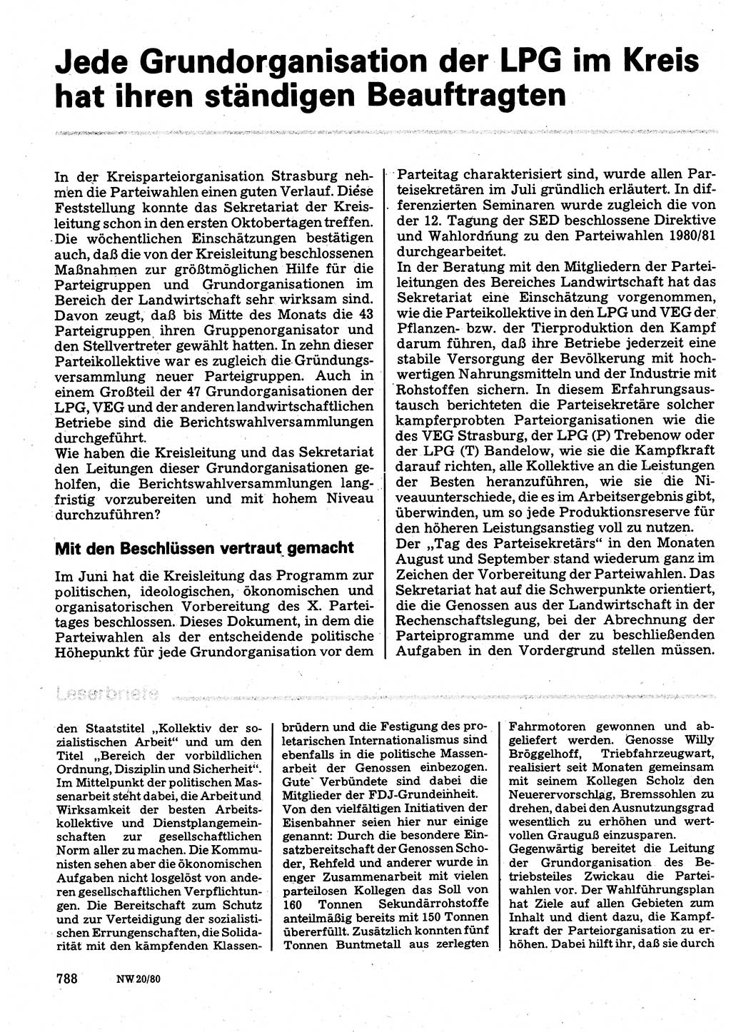Neuer Weg (NW), Organ des Zentralkomitees (ZK) der SED (Sozialistische Einheitspartei Deutschlands) für Fragen des Parteilebens, 35. Jahrgang [Deutsche Demokratische Republik (DDR)] 1980, Seite 788 (NW ZK SED DDR 1980, S. 788)