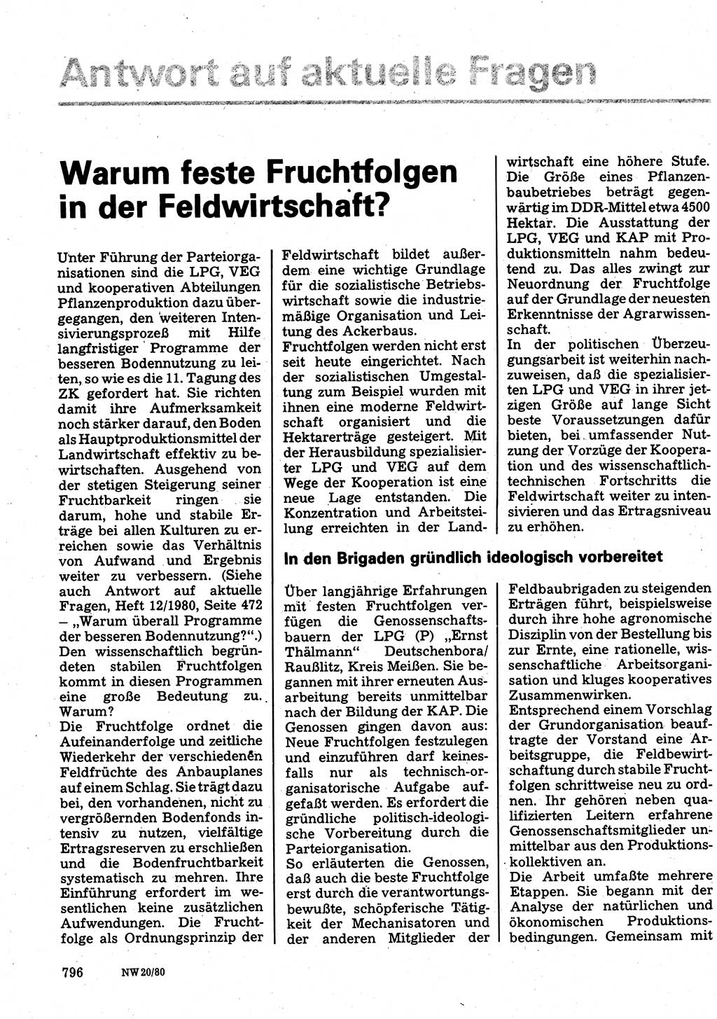 Neuer Weg (NW), Organ des Zentralkomitees (ZK) der SED (Sozialistische Einheitspartei Deutschlands) für Fragen des Parteilebens, 35. Jahrgang [Deutsche Demokratische Republik (DDR)] 1980, Seite 796 (NW ZK SED DDR 1980, S. 796)