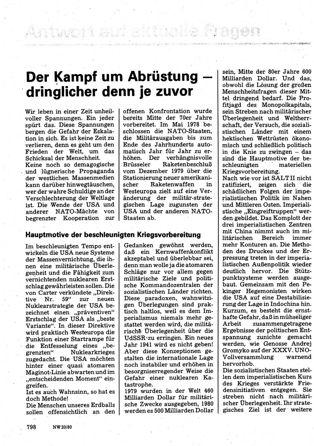 Neuer Weg (NW), Organ des Zentralkomitees (ZK) der SED (Sozialistische Einheitspartei Deutschlands) für Fragen des Parteilebens, 35. Jahrgang [Deutsche Demokratische Republik (DDR)] 1980, Seite 798 (NW ZK SED DDR 1980, S. 798)