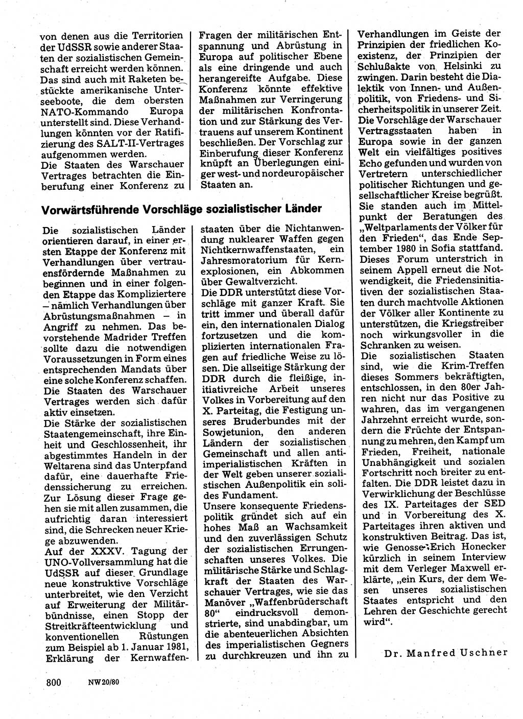 Neuer Weg (NW), Organ des Zentralkomitees (ZK) der SED (Sozialistische Einheitspartei Deutschlands) für Fragen des Parteilebens, 35. Jahrgang [Deutsche Demokratische Republik (DDR)] 1980, Seite 800 (NW ZK SED DDR 1980, S. 800)