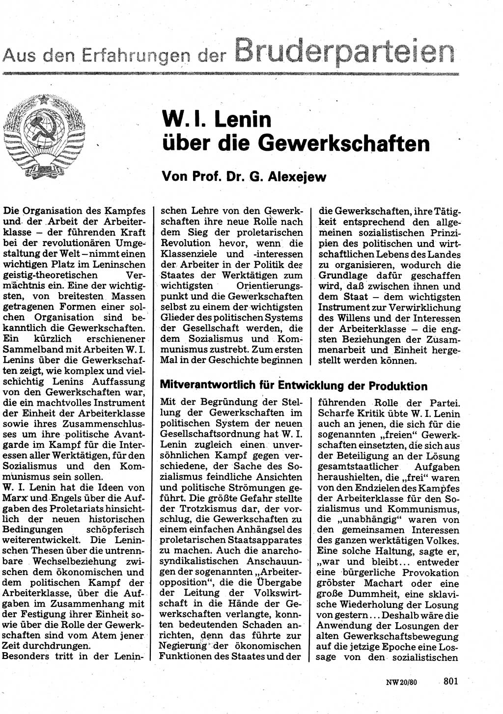 Neuer Weg (NW), Organ des Zentralkomitees (ZK) der SED (Sozialistische Einheitspartei Deutschlands) für Fragen des Parteilebens, 35. Jahrgang [Deutsche Demokratische Republik (DDR)] 1980, Seite 801 (NW ZK SED DDR 1980, S. 801)