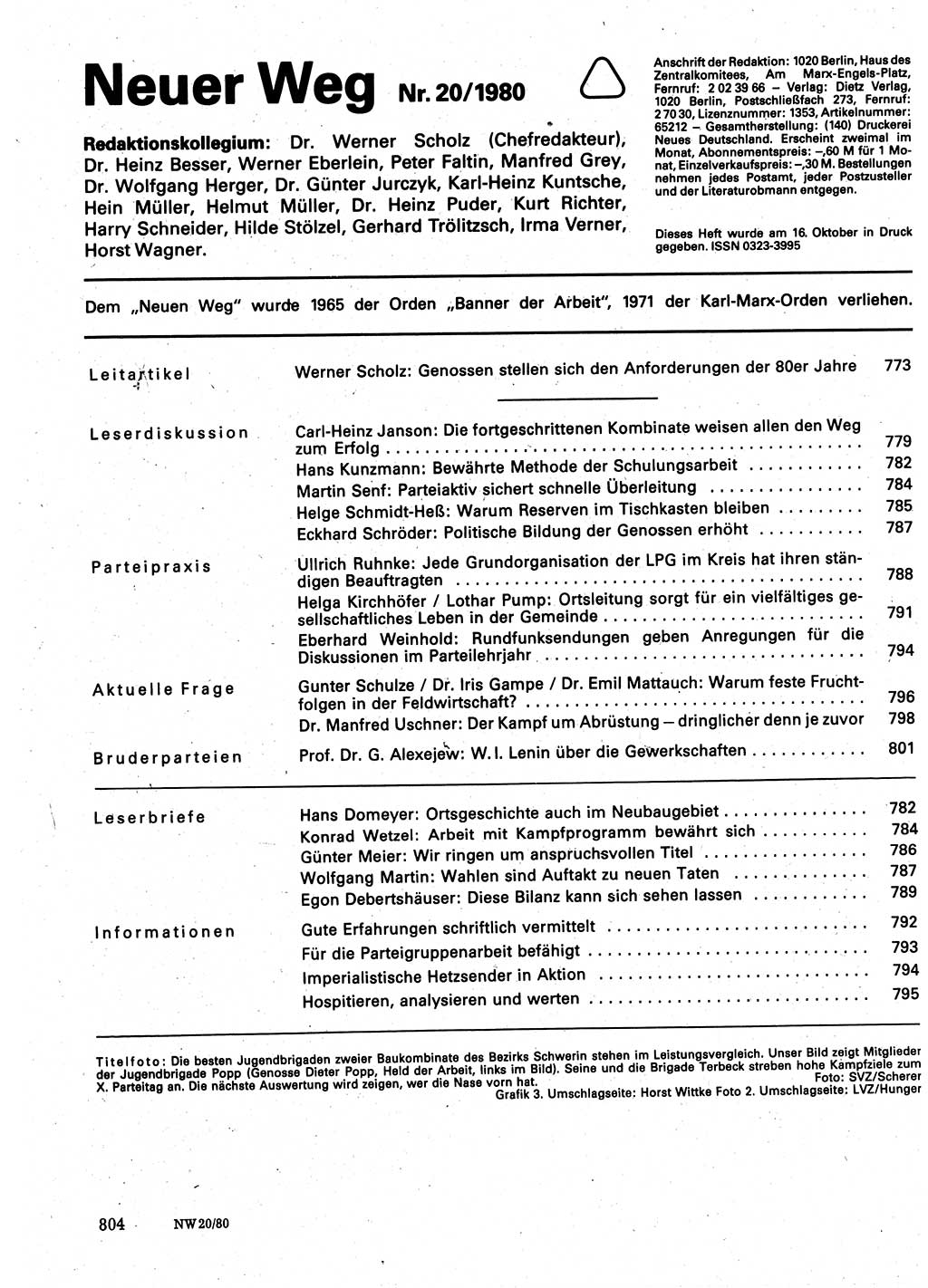 Neuer Weg (NW), Organ des Zentralkomitees (ZK) der SED (Sozialistische Einheitspartei Deutschlands) für Fragen des Parteilebens, 35. Jahrgang [Deutsche Demokratische Republik (DDR)] 1980, Seite 804 (NW ZK SED DDR 1980, S. 804)