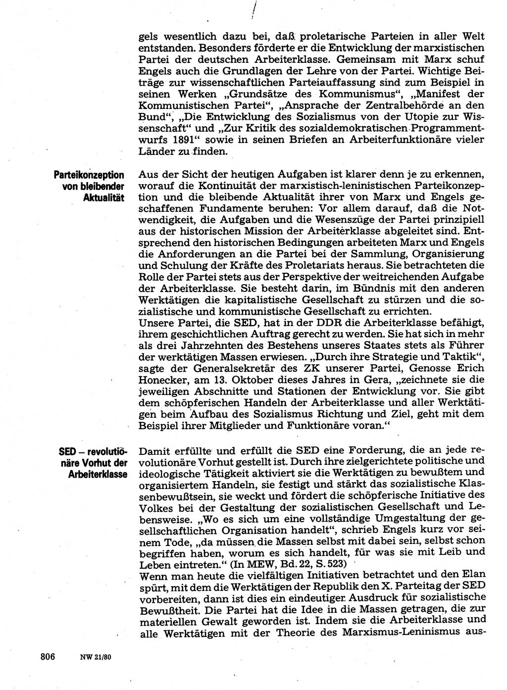 Neuer Weg (NW), Organ des Zentralkomitees (ZK) der SED (Sozialistische Einheitspartei Deutschlands) für Fragen des Parteilebens, 35. Jahrgang [Deutsche Demokratische Republik (DDR)] 1980, Seite 806 (NW ZK SED DDR 1980, S. 806)