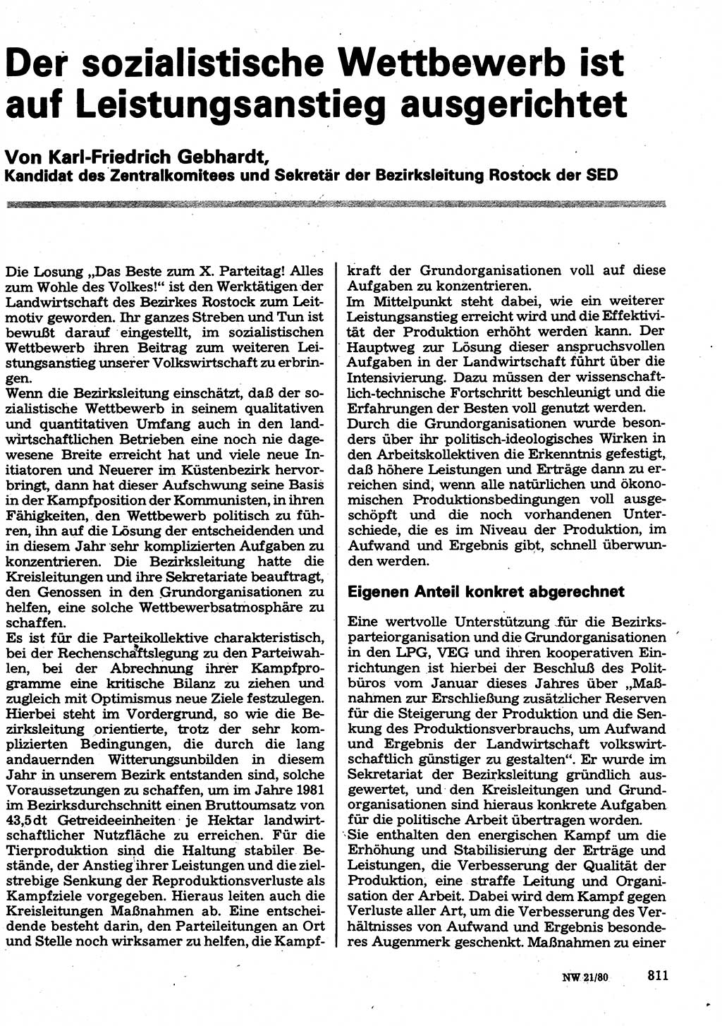 Neuer Weg (NW), Organ des Zentralkomitees (ZK) der SED (Sozialistische Einheitspartei Deutschlands) für Fragen des Parteilebens, 35. Jahrgang [Deutsche Demokratische Republik (DDR)] 1980, Seite 811 (NW ZK SED DDR 1980, S. 811)