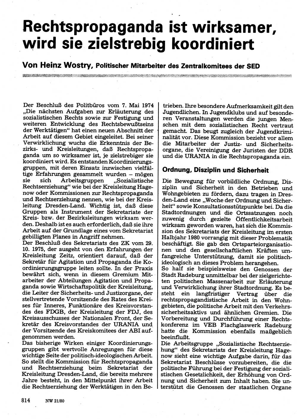 Neuer Weg (NW), Organ des Zentralkomitees (ZK) der SED (Sozialistische Einheitspartei Deutschlands) für Fragen des Parteilebens, 35. Jahrgang [Deutsche Demokratische Republik (DDR)] 1980, Seite 814 (NW ZK SED DDR 1980, S. 814)