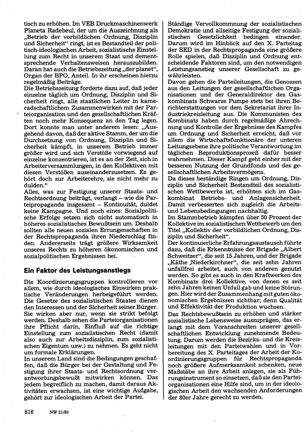 Neuer Weg (NW), Organ des Zentralkomitees (ZK) der SED (Sozialistische Einheitspartei Deutschlands) für Fragen des Parteilebens, 35. Jahrgang [Deutsche Demokratische Republik (DDR)] 1980, Seite 816 (NW ZK SED DDR 1980, S. 816)
