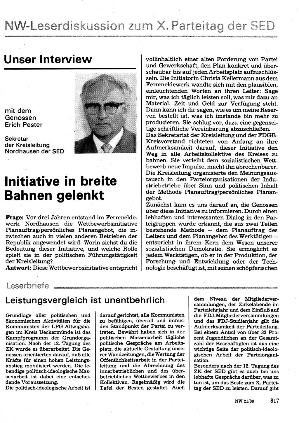 Neuer Weg (NW), Organ des Zentralkomitees (ZK) der SED (Sozialistische Einheitspartei Deutschlands) für Fragen des Parteilebens, 35. Jahrgang [Deutsche Demokratische Republik (DDR)] 1980, Seite 817 (NW ZK SED DDR 1980, S. 817)