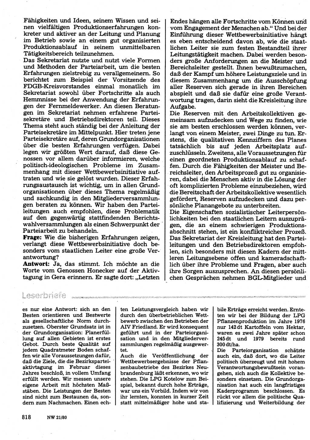 Neuer Weg (NW), Organ des Zentralkomitees (ZK) der SED (Sozialistische Einheitspartei Deutschlands) für Fragen des Parteilebens, 35. Jahrgang [Deutsche Demokratische Republik (DDR)] 1980, Seite 818 (NW ZK SED DDR 1980, S. 818)