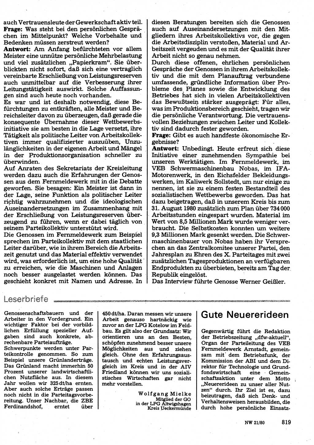 Neuer Weg (NW), Organ des Zentralkomitees (ZK) der SED (Sozialistische Einheitspartei Deutschlands) für Fragen des Parteilebens, 35. Jahrgang [Deutsche Demokratische Republik (DDR)] 1980, Seite 819 (NW ZK SED DDR 1980, S. 819)