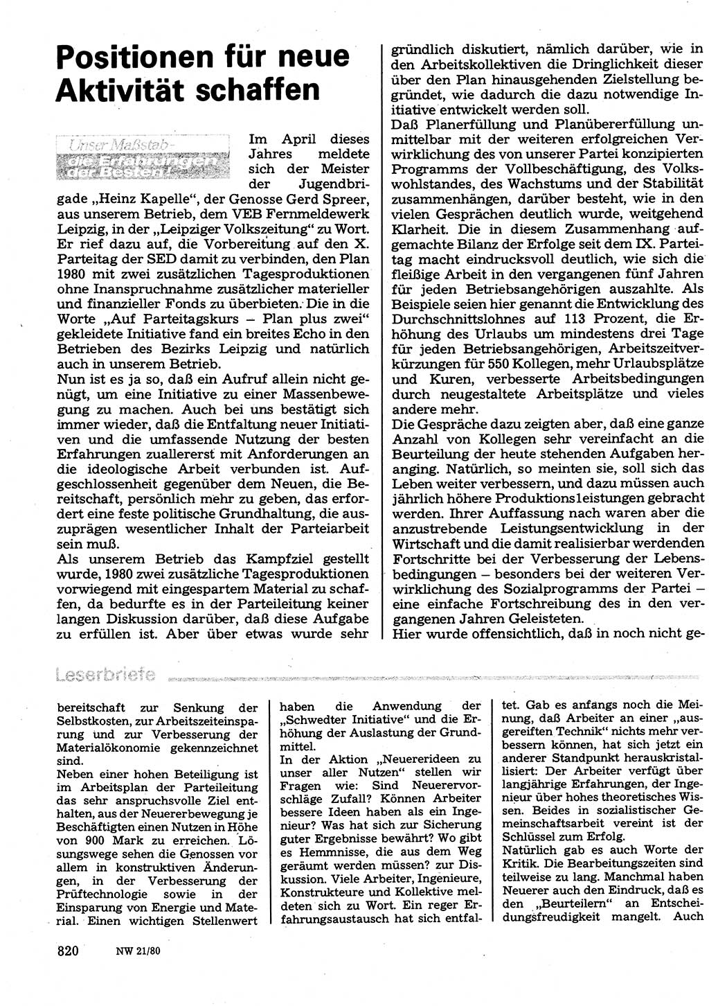 Neuer Weg (NW), Organ des Zentralkomitees (ZK) der SED (Sozialistische Einheitspartei Deutschlands) für Fragen des Parteilebens, 35. Jahrgang [Deutsche Demokratische Republik (DDR)] 1980, Seite 820 (NW ZK SED DDR 1980, S. 820)