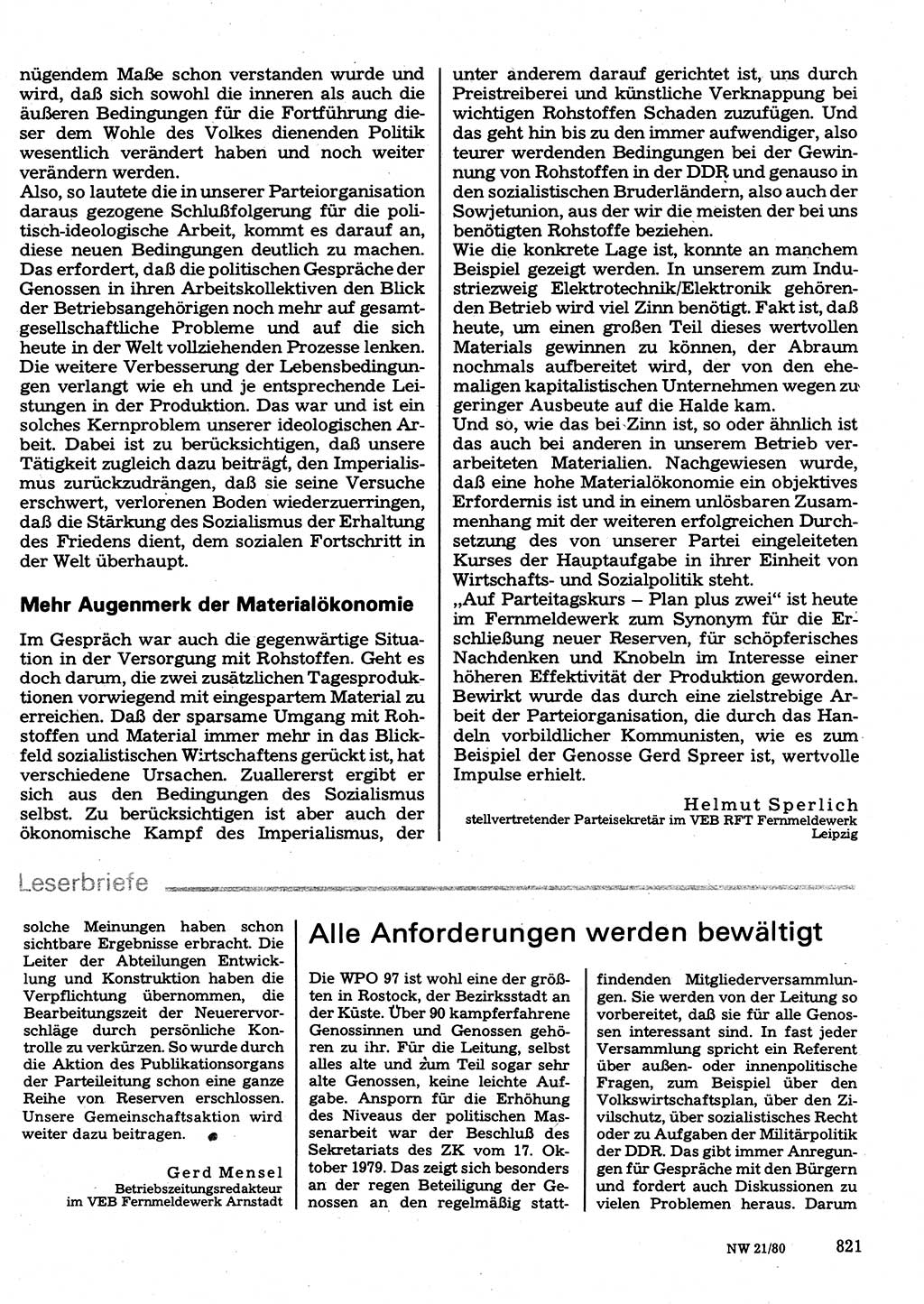 Neuer Weg (NW), Organ des Zentralkomitees (ZK) der SED (Sozialistische Einheitspartei Deutschlands) für Fragen des Parteilebens, 35. Jahrgang [Deutsche Demokratische Republik (DDR)] 1980, Seite 821 (NW ZK SED DDR 1980, S. 821)