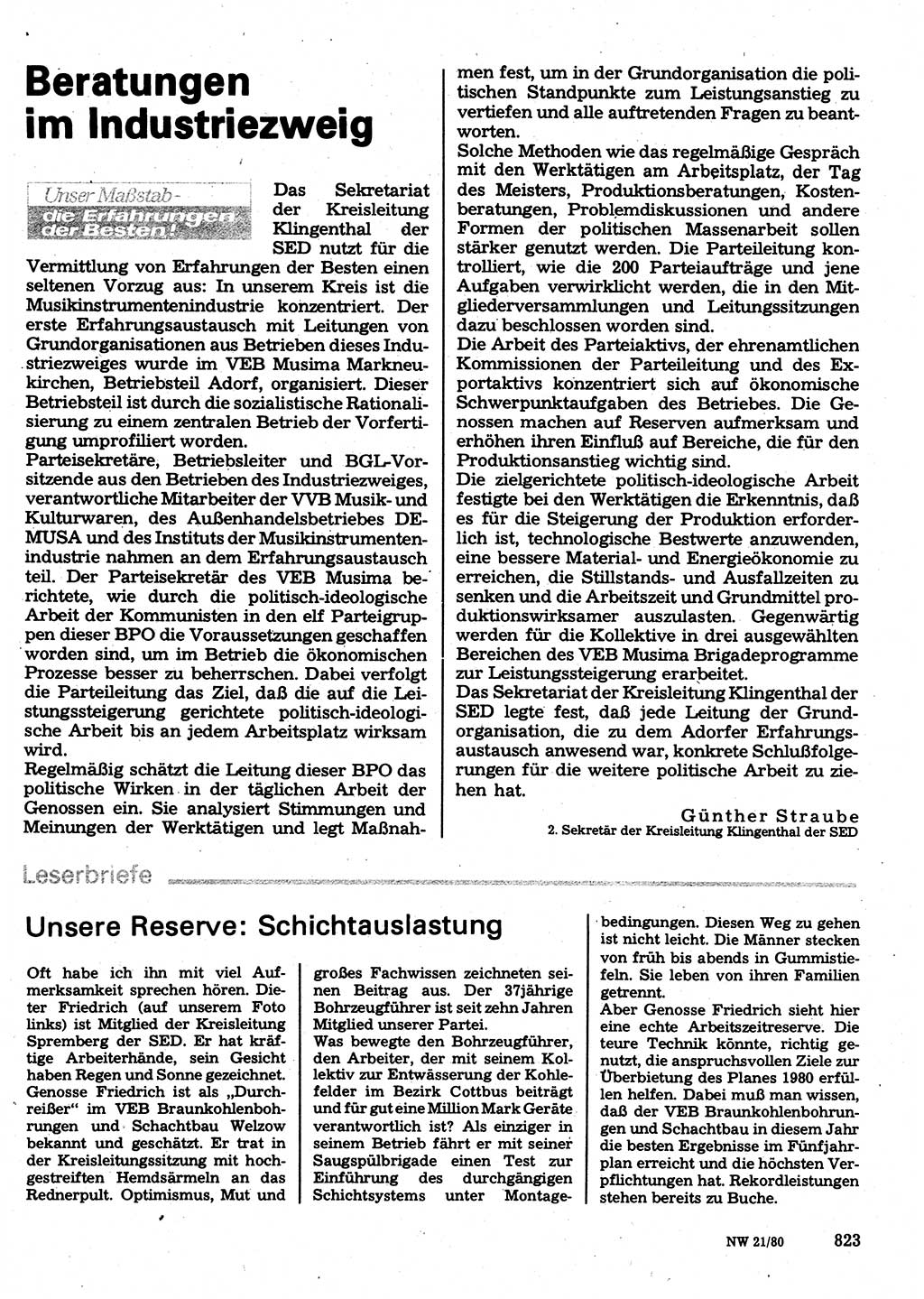 Neuer Weg (NW), Organ des Zentralkomitees (ZK) der SED (Sozialistische Einheitspartei Deutschlands) für Fragen des Parteilebens, 35. Jahrgang [Deutsche Demokratische Republik (DDR)] 1980, Seite 823 (NW ZK SED DDR 1980, S. 823)