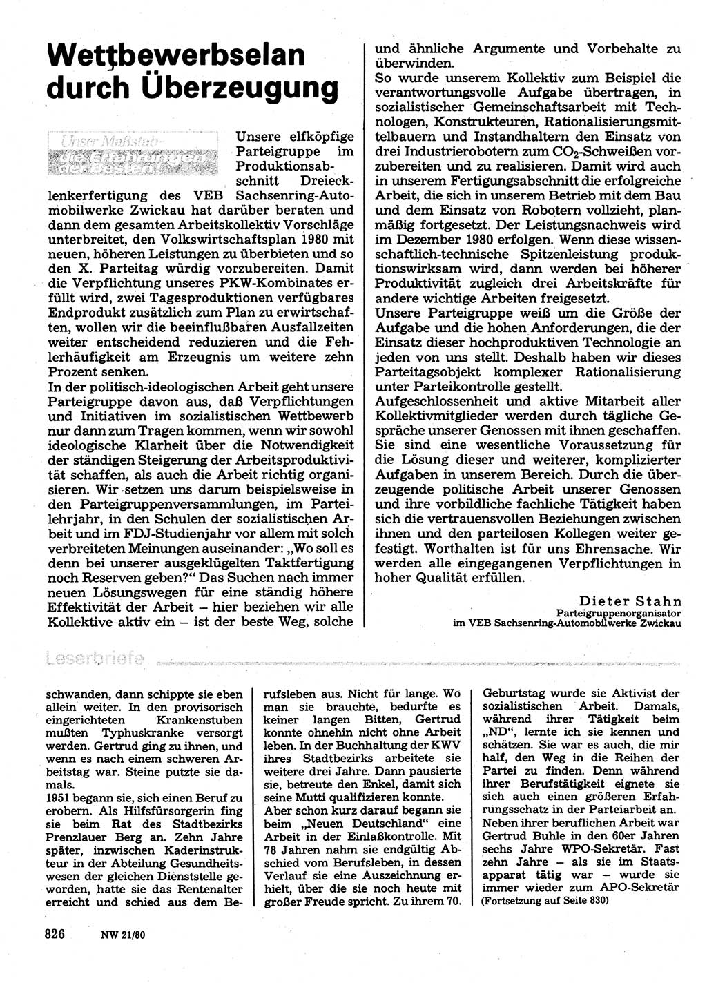 Neuer Weg (NW), Organ des Zentralkomitees (ZK) der SED (Sozialistische Einheitspartei Deutschlands) für Fragen des Parteilebens, 35. Jahrgang [Deutsche Demokratische Republik (DDR)] 1980, Seite 826 (NW ZK SED DDR 1980, S. 826)