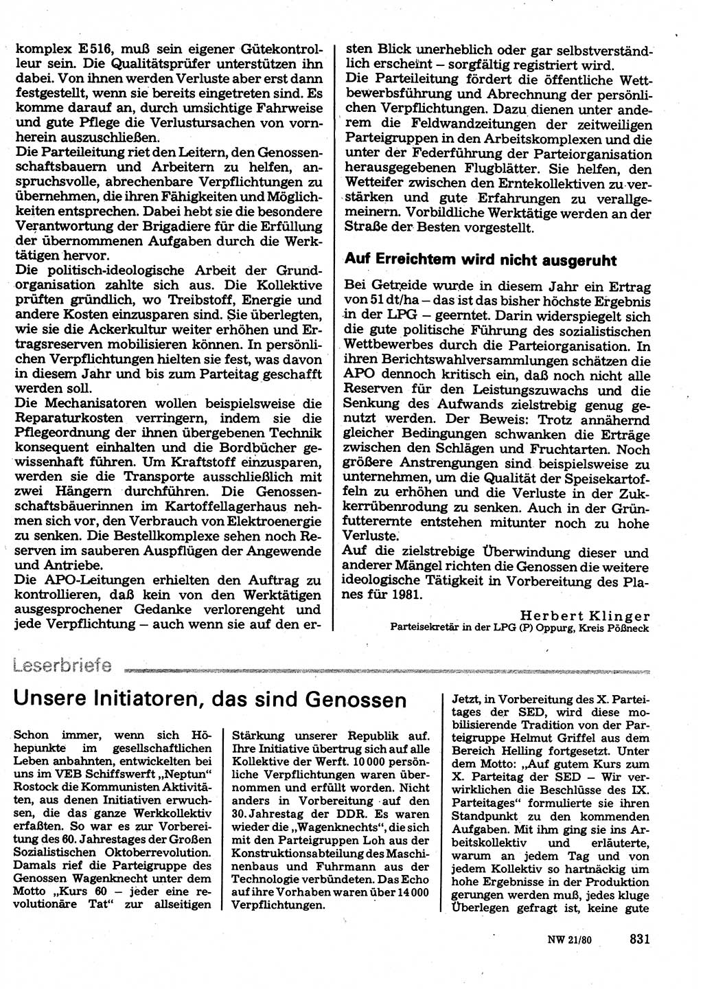 Neuer Weg (NW), Organ des Zentralkomitees (ZK) der SED (Sozialistische Einheitspartei Deutschlands) für Fragen des Parteilebens, 35. Jahrgang [Deutsche Demokratische Republik (DDR)] 1980, Seite 831 (NW ZK SED DDR 1980, S. 831)