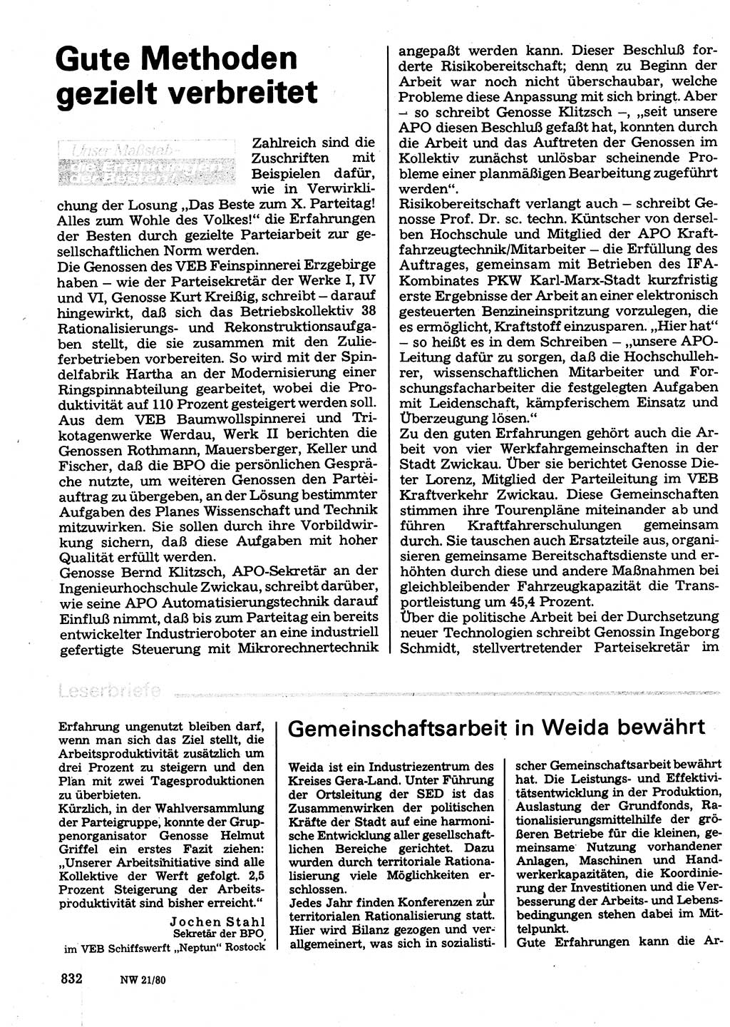 Neuer Weg (NW), Organ des Zentralkomitees (ZK) der SED (Sozialistische Einheitspartei Deutschlands) für Fragen des Parteilebens, 35. Jahrgang [Deutsche Demokratische Republik (DDR)] 1980, Seite 832 (NW ZK SED DDR 1980, S. 832)