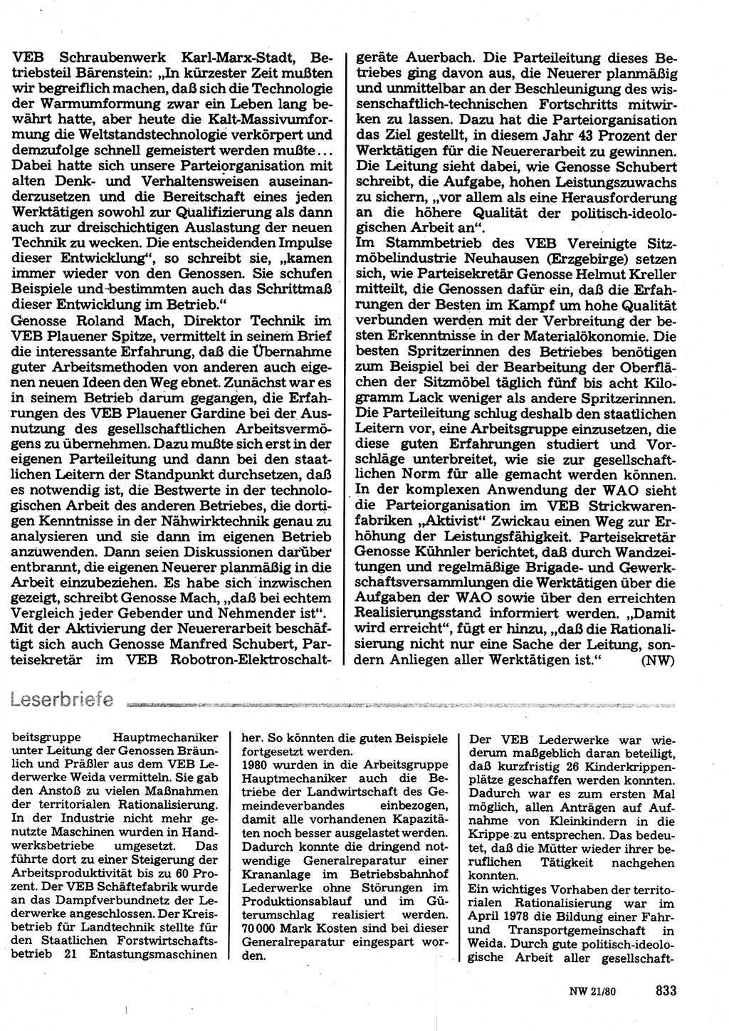 Neuer Weg (NW), Organ des Zentralkomitees (ZK) der SED (Sozialistische Einheitspartei Deutschlands) für Fragen des Parteilebens, 35. Jahrgang [Deutsche Demokratische Republik (DDR)] 1980, Seite 833 (NW ZK SED DDR 1980, S. 833)