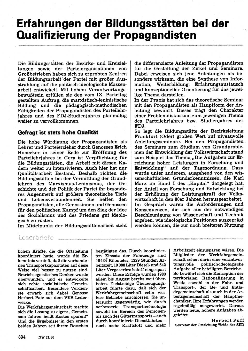 Neuer Weg (NW), Organ des Zentralkomitees (ZK) der SED (Sozialistische Einheitspartei Deutschlands) für Fragen des Parteilebens, 35. Jahrgang [Deutsche Demokratische Republik (DDR)] 1980, Seite 834 (NW ZK SED DDR 1980, S. 834)