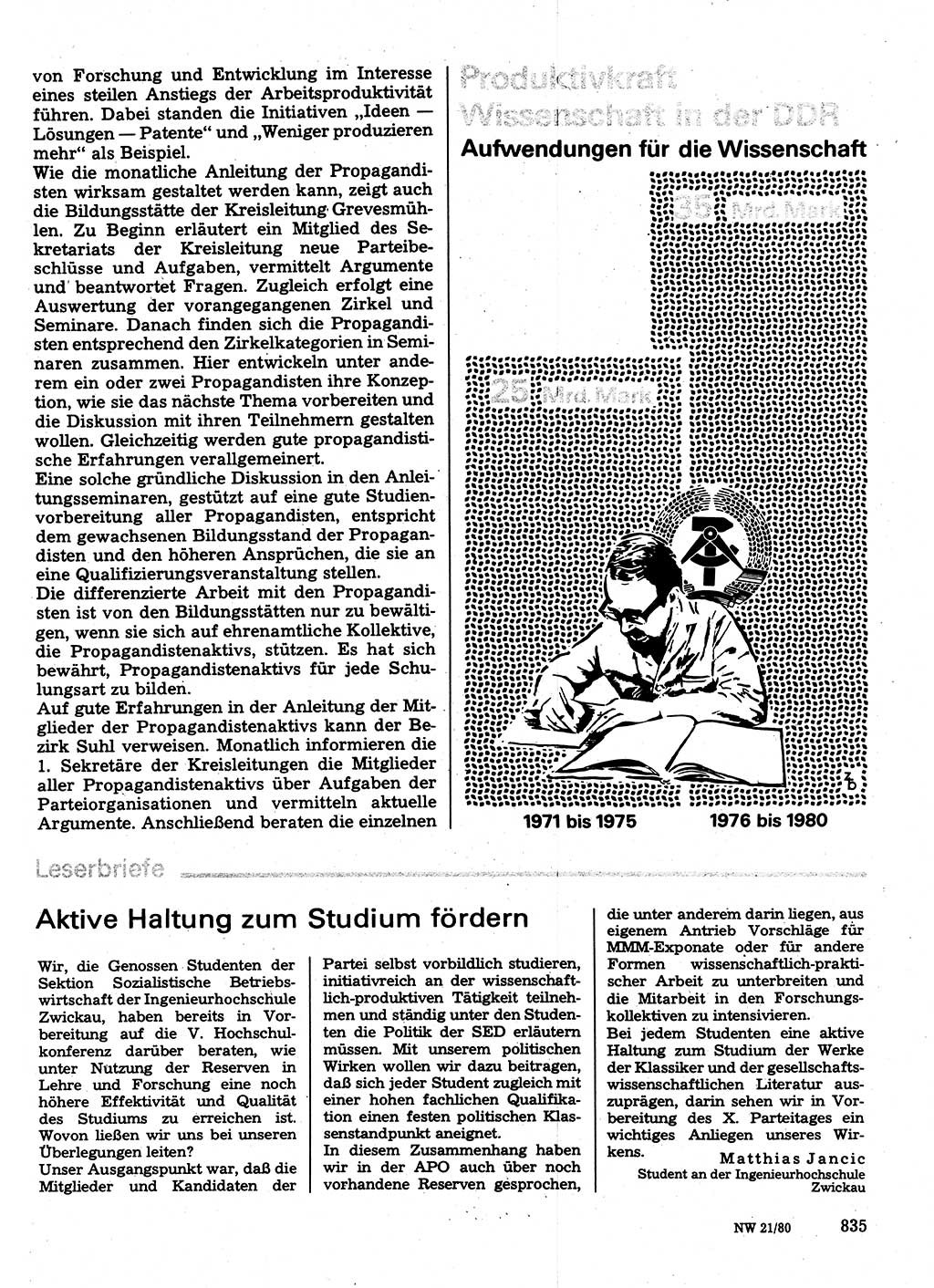 Neuer Weg (NW), Organ des Zentralkomitees (ZK) der SED (Sozialistische Einheitspartei Deutschlands) für Fragen des Parteilebens, 35. Jahrgang [Deutsche Demokratische Republik (DDR)] 1980, Seite 835 (NW ZK SED DDR 1980, S. 835)