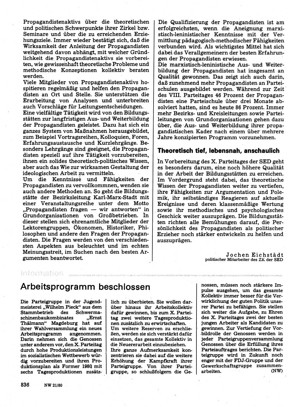 Neuer Weg (NW), Organ des Zentralkomitees (ZK) der SED (Sozialistische Einheitspartei Deutschlands) für Fragen des Parteilebens, 35. Jahrgang [Deutsche Demokratische Republik (DDR)] 1980, Seite 836 (NW ZK SED DDR 1980, S. 836)