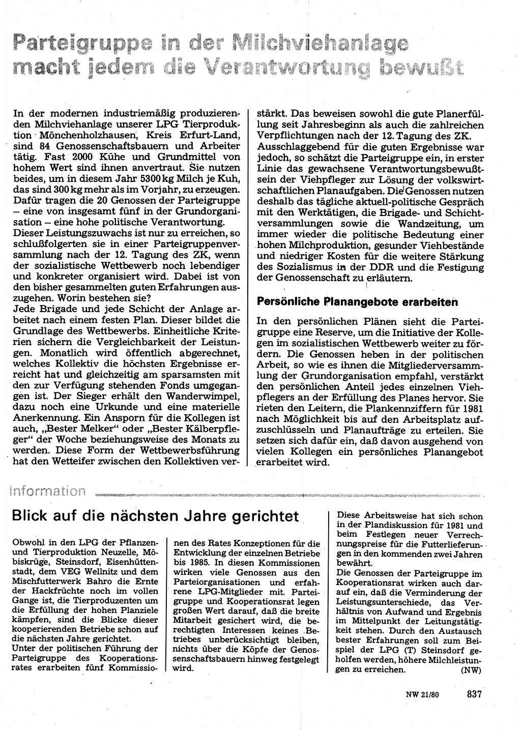 Neuer Weg (NW), Organ des Zentralkomitees (ZK) der SED (Sozialistische Einheitspartei Deutschlands) für Fragen des Parteilebens, 35. Jahrgang [Deutsche Demokratische Republik (DDR)] 1980, Seite 837 (NW ZK SED DDR 1980, S. 837)