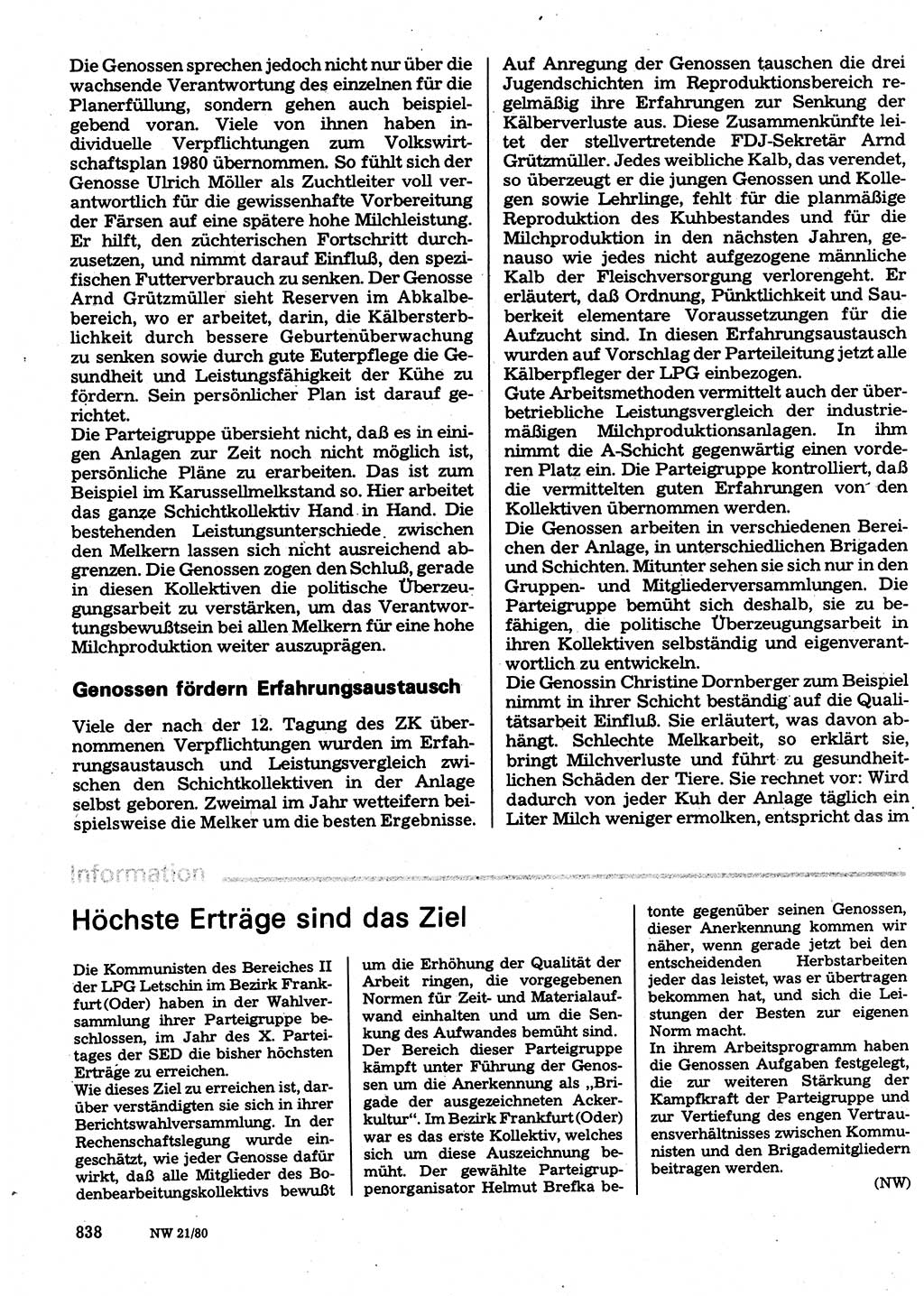 Neuer Weg (NW), Organ des Zentralkomitees (ZK) der SED (Sozialistische Einheitspartei Deutschlands) für Fragen des Parteilebens, 35. Jahrgang [Deutsche Demokratische Republik (DDR)] 1980, Seite 838 (NW ZK SED DDR 1980, S. 838)