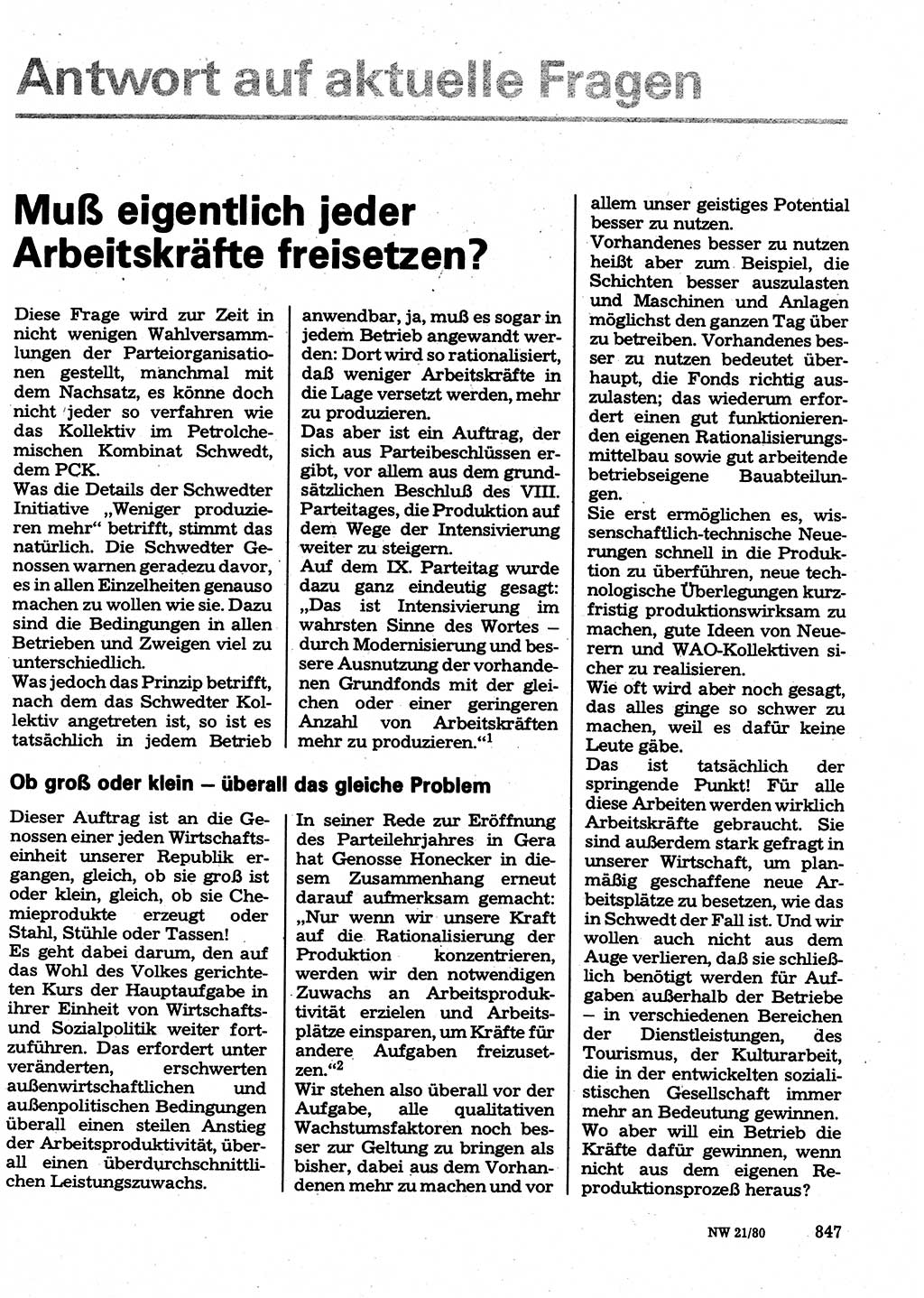 Neuer Weg (NW), Organ des Zentralkomitees (ZK) der SED (Sozialistische Einheitspartei Deutschlands) für Fragen des Parteilebens, 35. Jahrgang [Deutsche Demokratische Republik (DDR)] 1980, Seite 847 (NW ZK SED DDR 1980, S. 847)