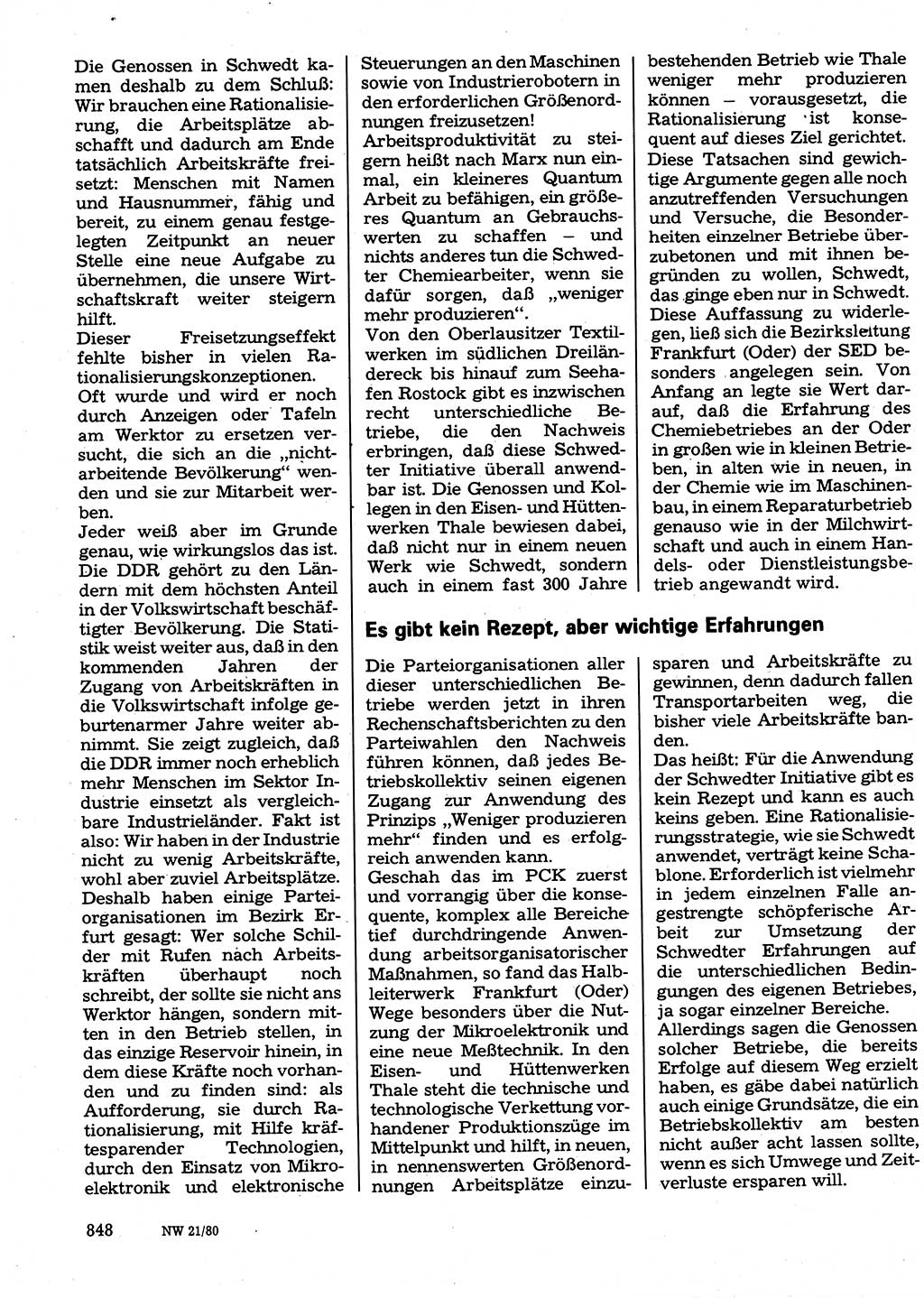 Neuer Weg (NW), Organ des Zentralkomitees (ZK) der SED (Sozialistische Einheitspartei Deutschlands) für Fragen des Parteilebens, 35. Jahrgang [Deutsche Demokratische Republik (DDR)] 1980, Seite 848 (NW ZK SED DDR 1980, S. 848)