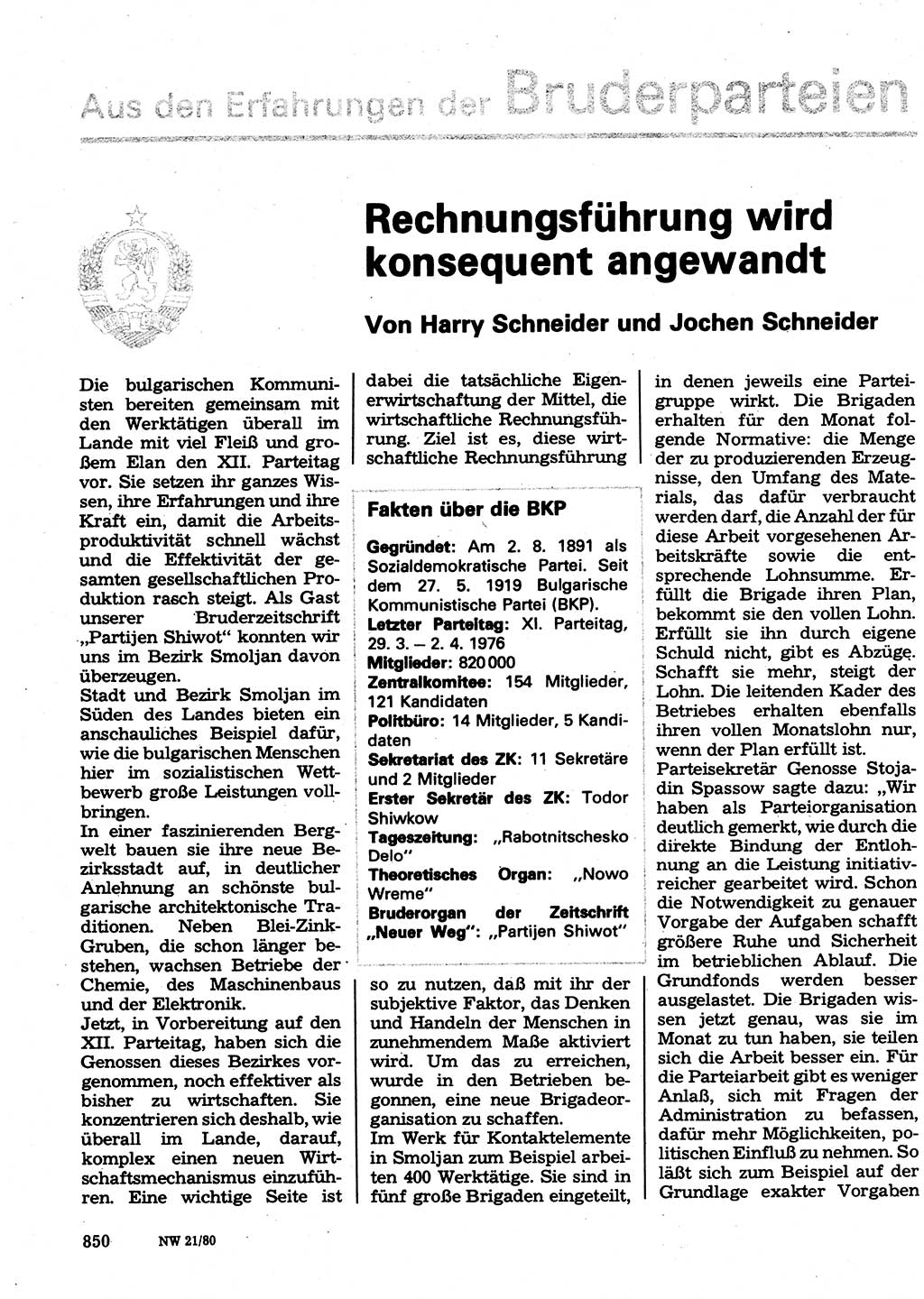 Neuer Weg (NW), Organ des Zentralkomitees (ZK) der SED (Sozialistische Einheitspartei Deutschlands) für Fragen des Parteilebens, 35. Jahrgang [Deutsche Demokratische Republik (DDR)] 1980, Seite 850 (NW ZK SED DDR 1980, S. 850)