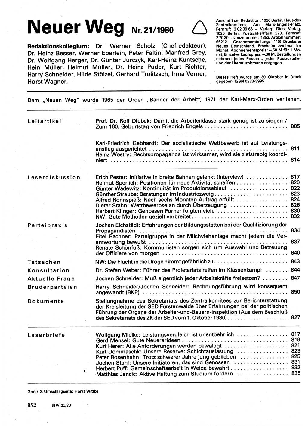 Neuer Weg (NW), Organ des Zentralkomitees (ZK) der SED (Sozialistische Einheitspartei Deutschlands) für Fragen des Parteilebens, 35. Jahrgang [Deutsche Demokratische Republik (DDR)] 1980, Seite 852 (NW ZK SED DDR 1980, S. 852)